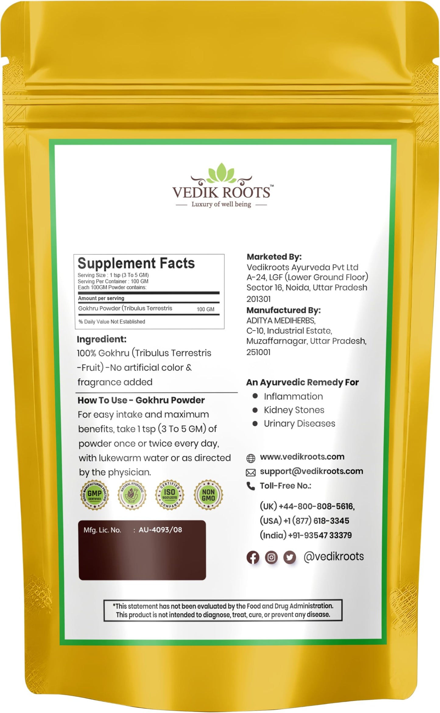 VEDIKROOTS Gokhru Powder 3.53 Ounce