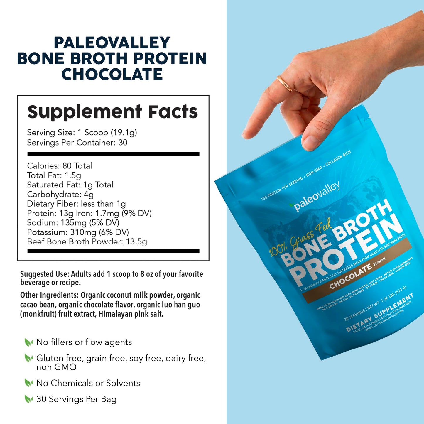Paleovalley 100% Grass Fed Bone Broth Protein Powder, Chocolate, 1.18 lb