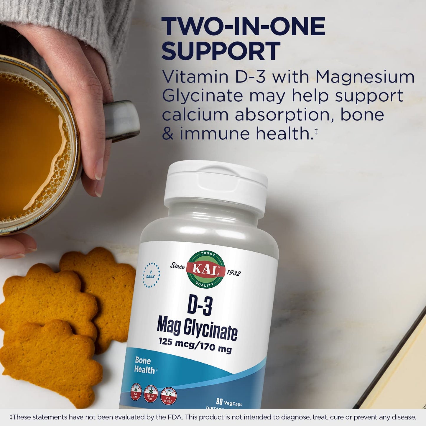 KAL Vitamin D3 & Magnesium Glycinate Enhanced Absorption Formula with BioPerine, Muscle & Bone Health Support, Immune Support, Non-GMO Gluten Free, 90 Capsules