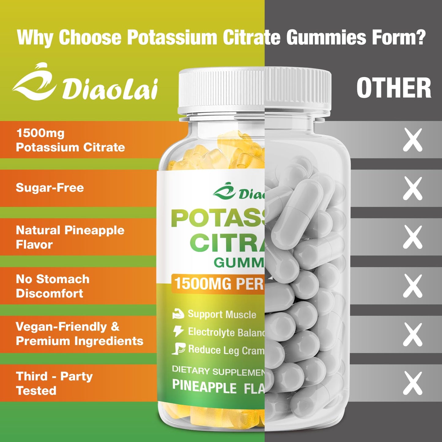 DIAOLAI Potassium Citrate 1500mg Gummies, Potassium Supplement for Women & Men, Supports Leg Cramp Relief & Muscle Health, Vegan, Pineapple Flavor (120 Count)