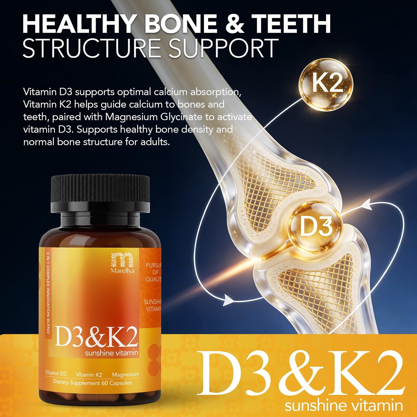 Marellya Vitamin D3 K2 Supplement with Magnesium Glycinate – 3-in-1 High Absorption Formula 4000 IU D3 & 100mcg K2 (MK-7) – Supports Bone, Heart & Immune Health – 60 Capsules