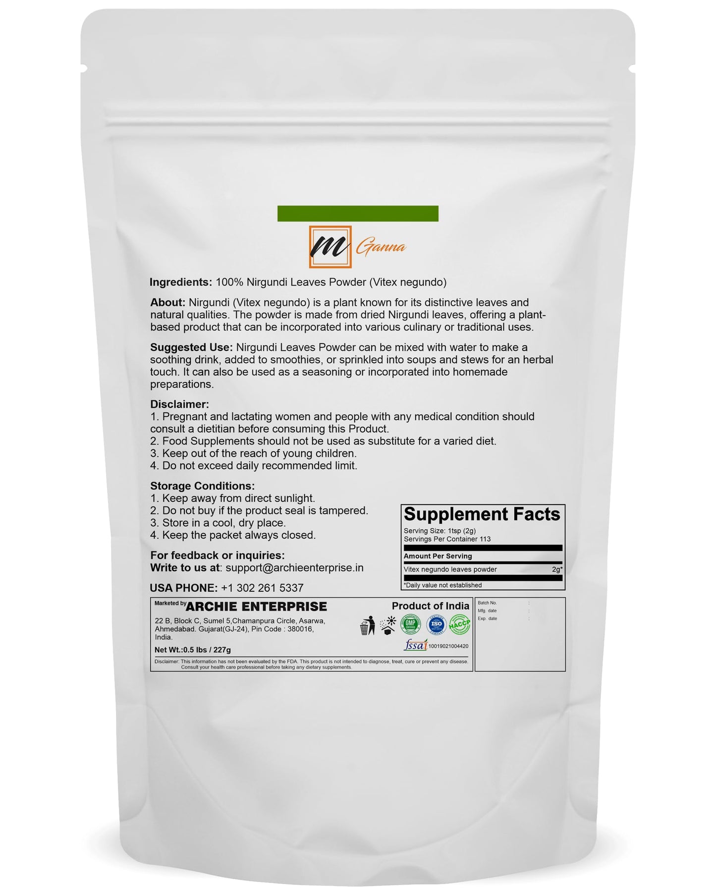 mGanna Nirgundi Leaves Powder (Vitex negundo) Powder, 8