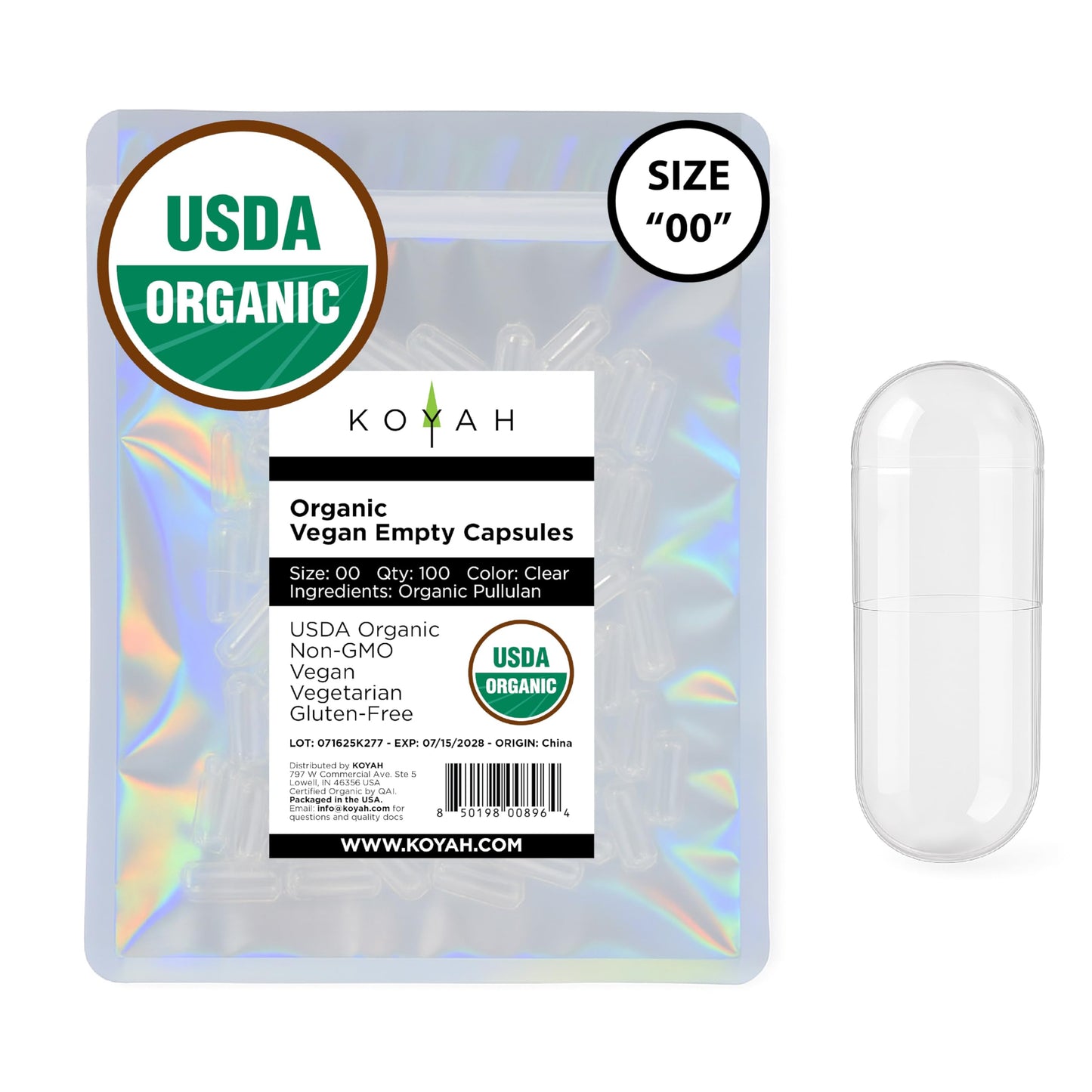 KOYAH Certified Organic Empty Pullulan Capsules Size 00, 100 Count