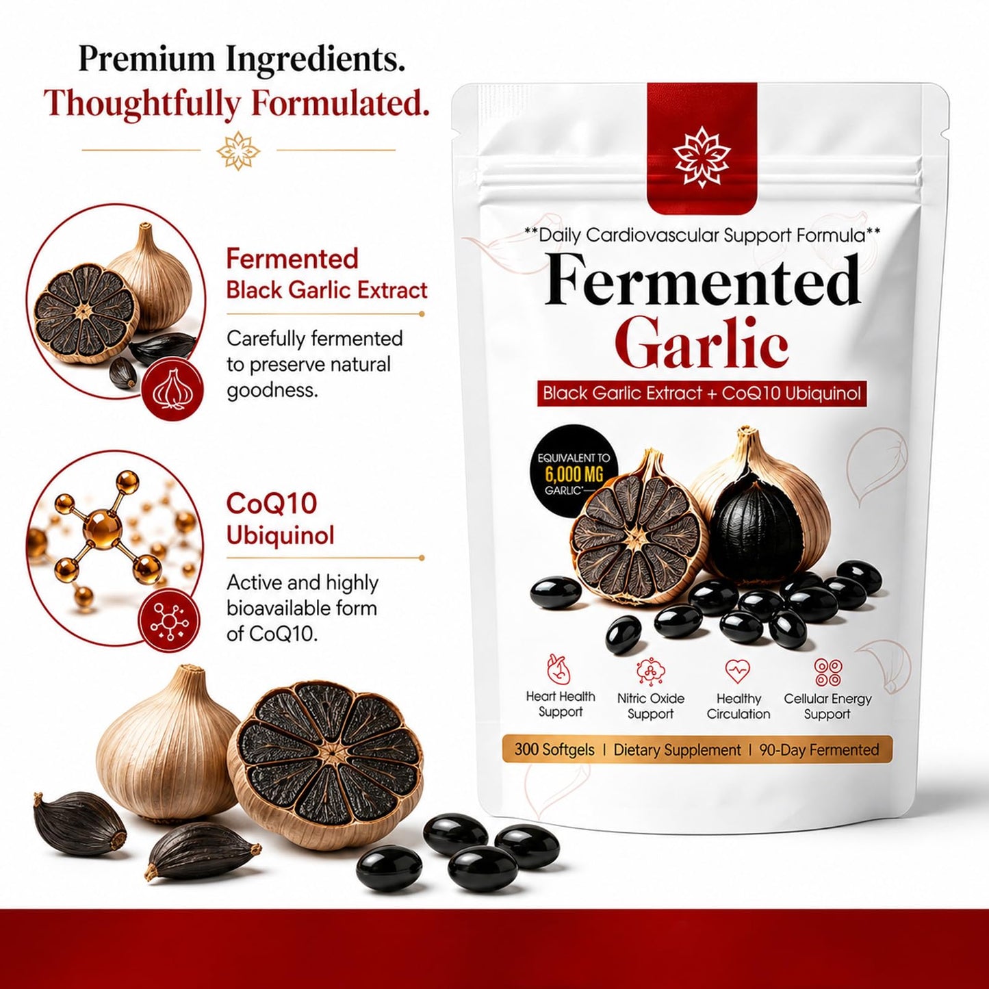 BnPnCn Fermented Black Garlic Extract + CoQ10 Ubiquinol Softgels, Odorless Daily Supplement, Supports Heart Health, 300 Count