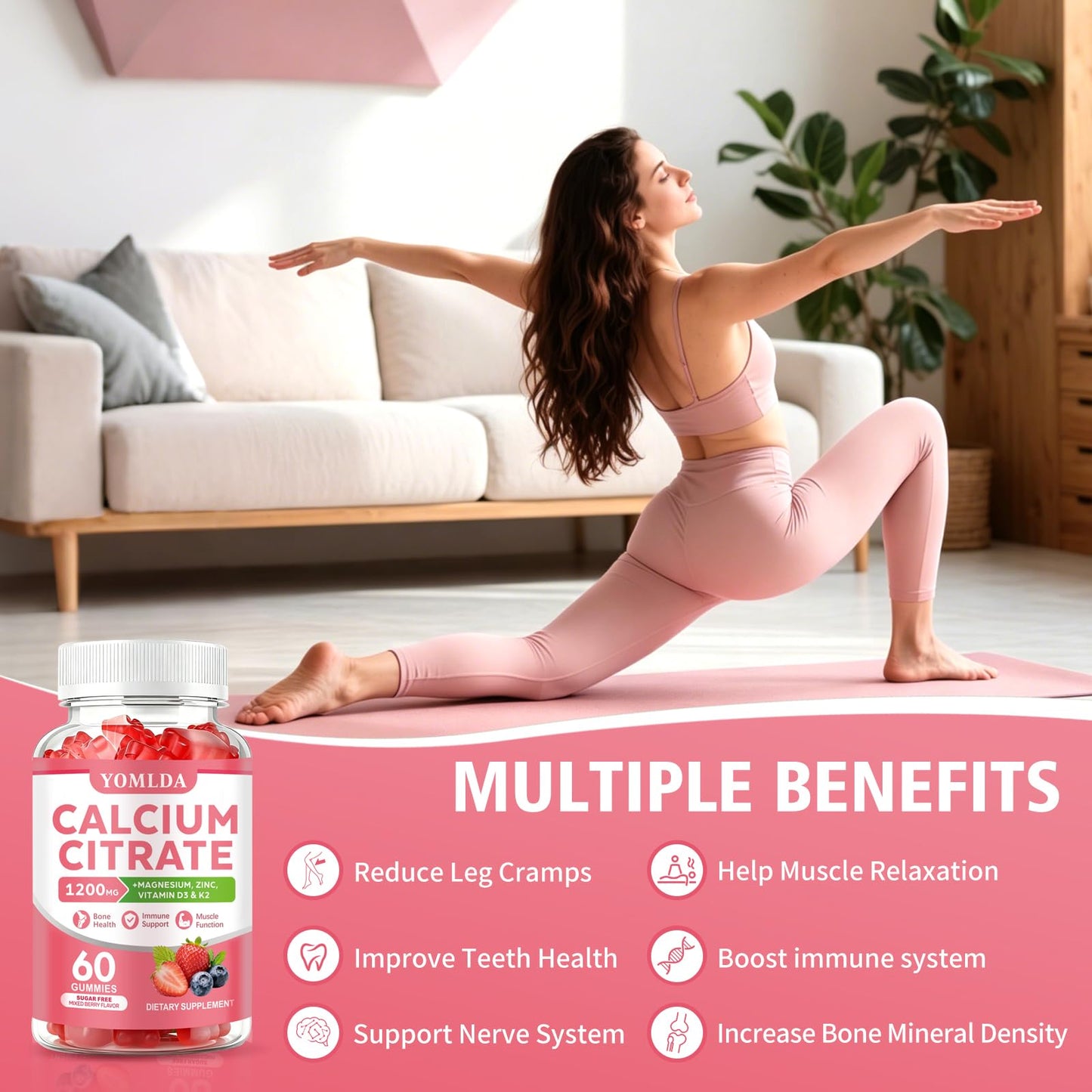 YOMLDA Calcium Citrate 1200 mg with Vitamin D3 & K2 Gummies, 120 Count