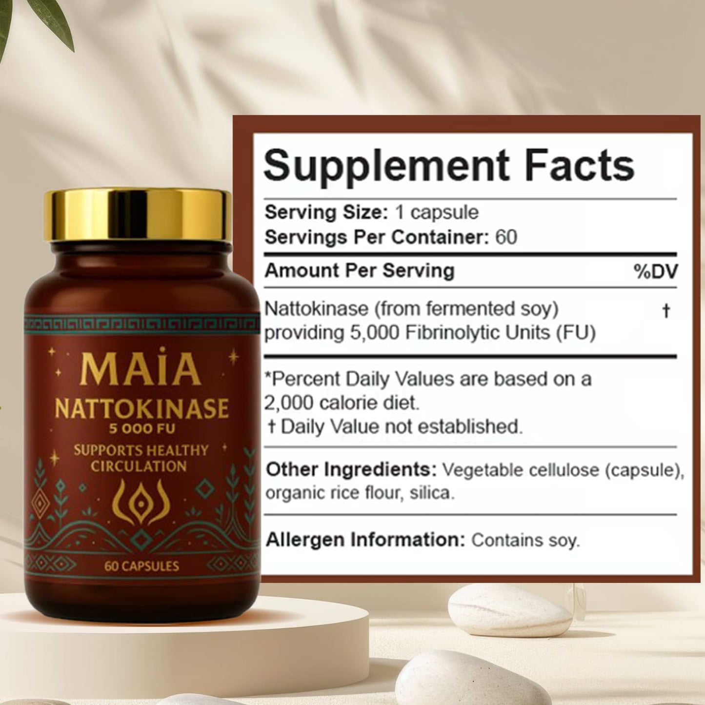 MAÏA Nattokinase Supplement with 5000 FU of Nattokinase Capsules, 60 Count