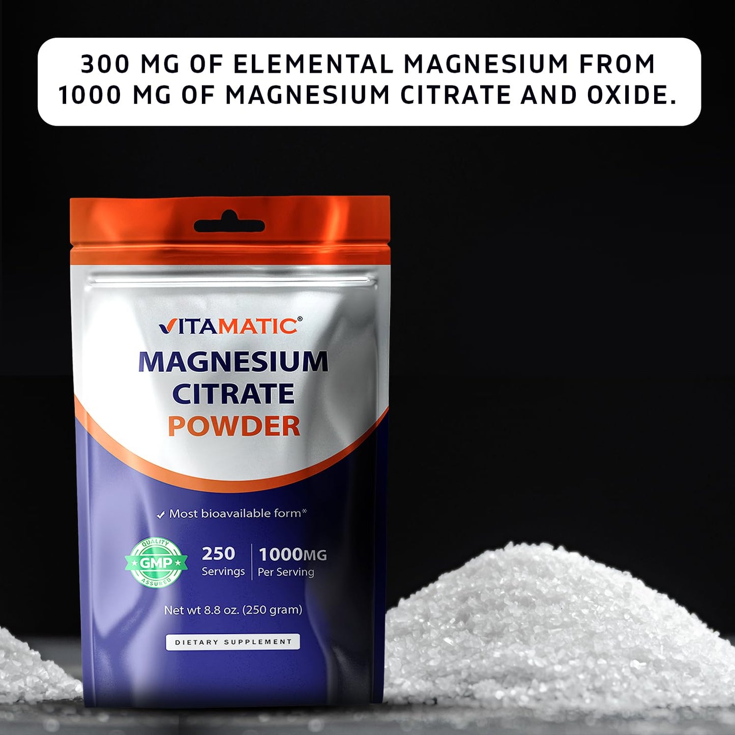 Vitamatic Magnesium Citrate 1000mg Powder, 8.8 oz, 250 Servings, Supports Muscle, Joint, and Heart Health