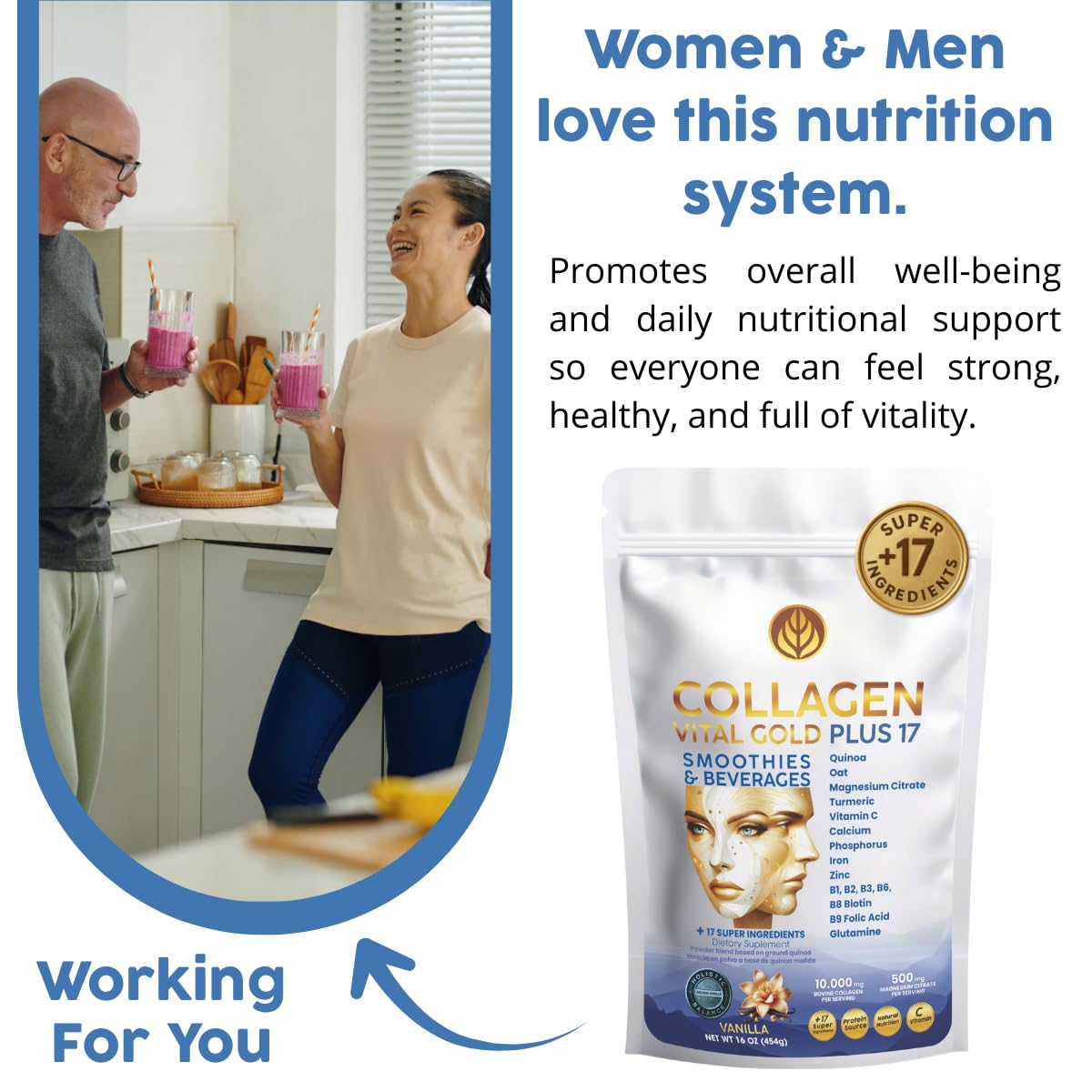 Gold Vital Life Collagen Peptides Powder - Hydrolyzed Collagen with +17 Super Ingredients, Vanilla Flavor, 16 oz