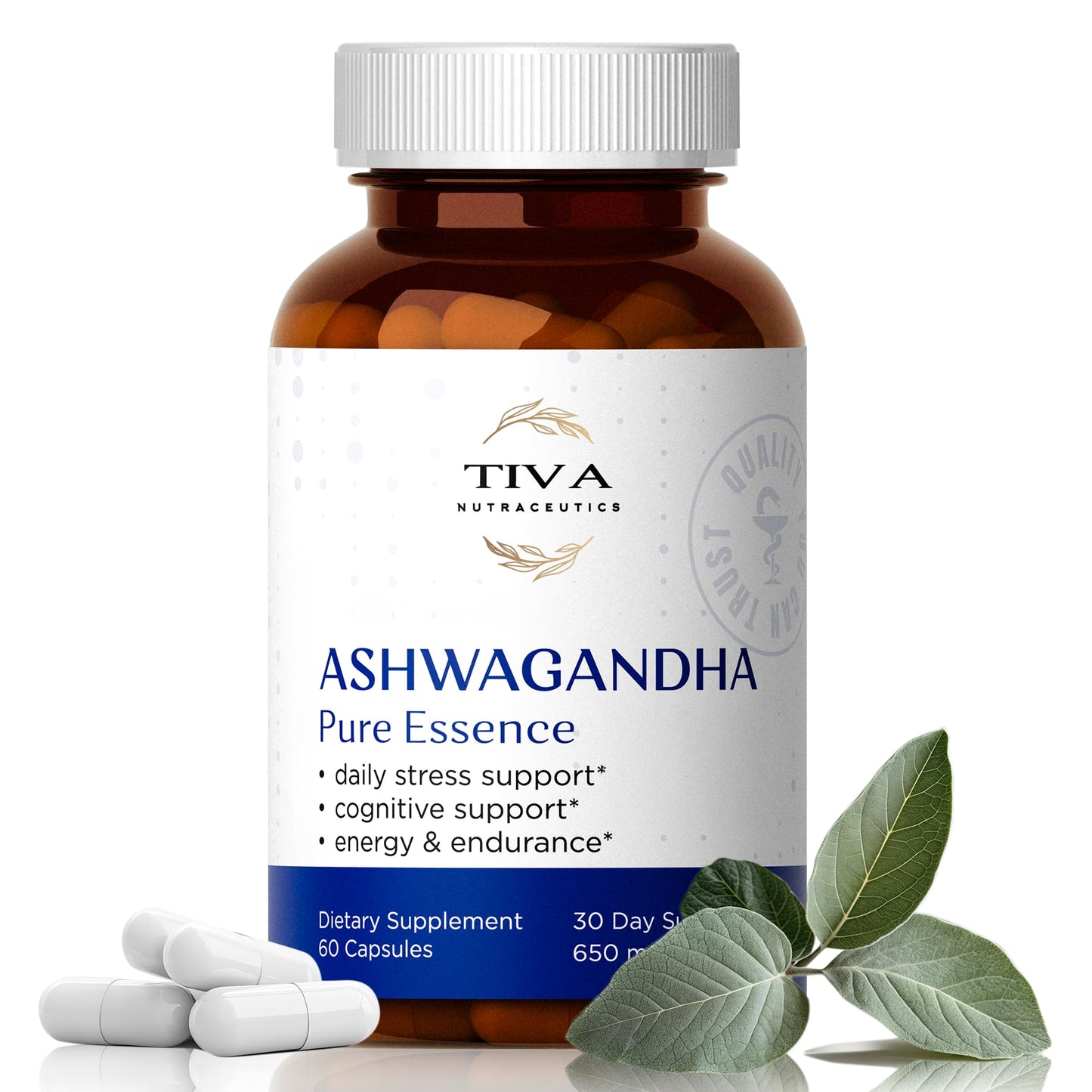 TIVA Nutraceutics Ashwagandha 650mg with Black Pepper Extract, 60 Capsules