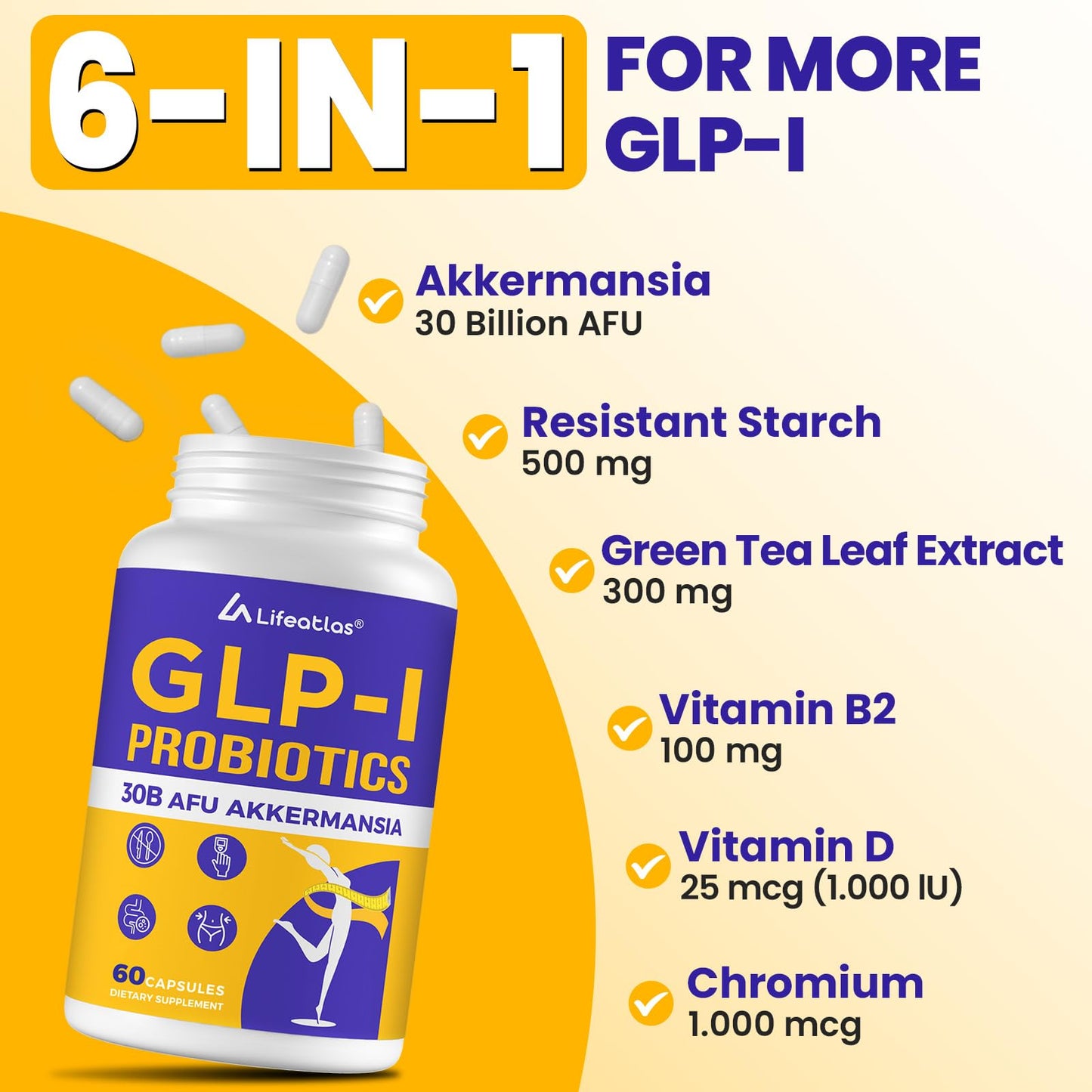 Lifeatlas GLP-I Supplement Probiotic Capsules, 60 Count