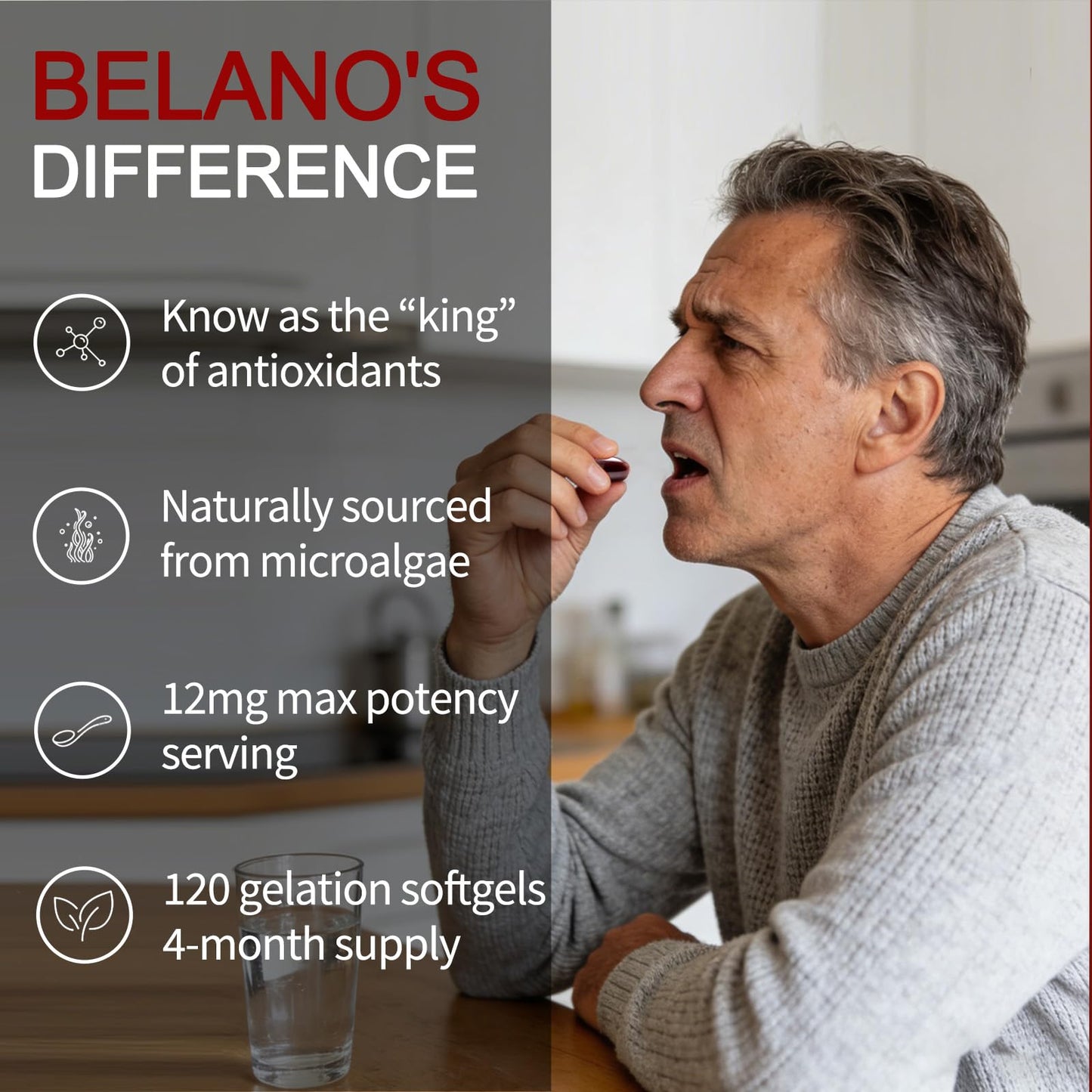 Belano's Astaxanthin 12mg Softgels, Premium Astaxanthin Antioxidant Supplement, 120 Softgels