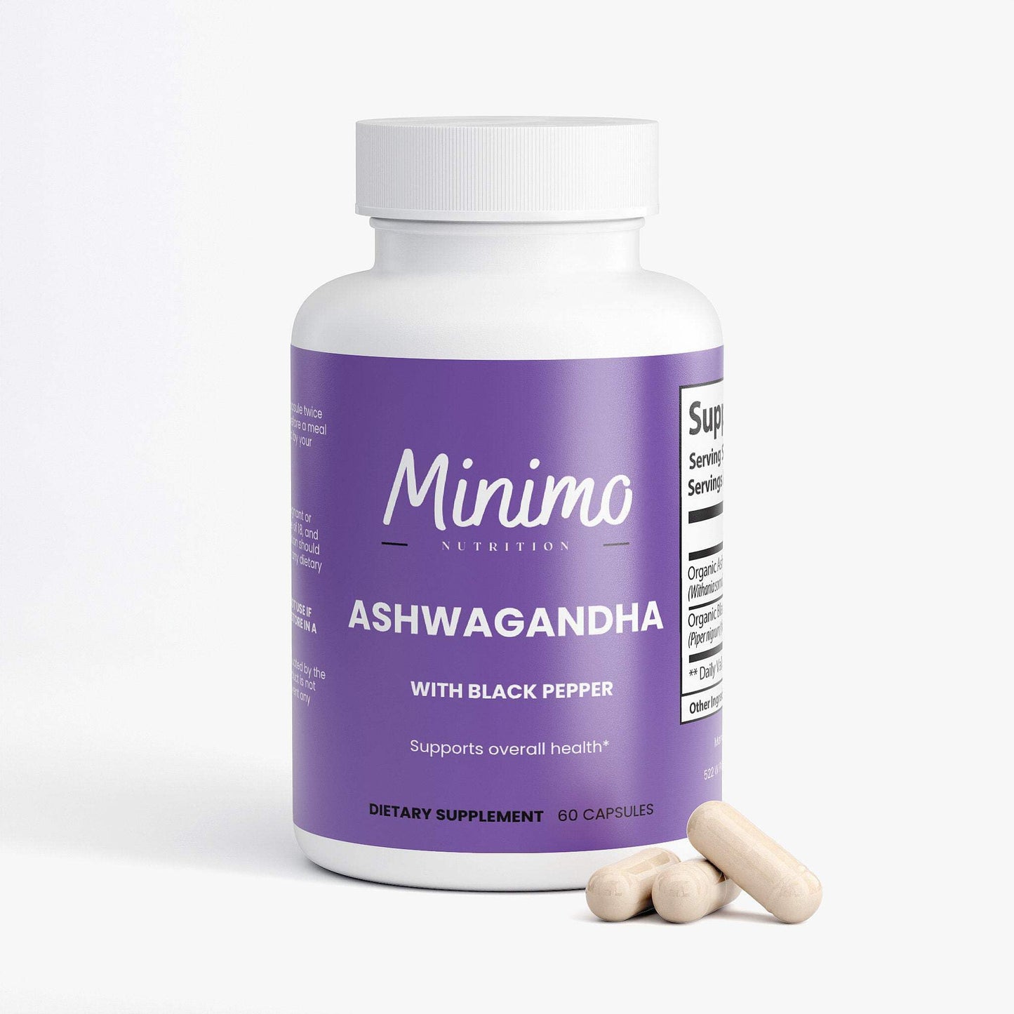 Minimo Nutrition Organic Ashwagandha 1300mg Capsules with Organic Black Pepper for Absorption, Stress, Focus, and Energy Support, 60 Capsules