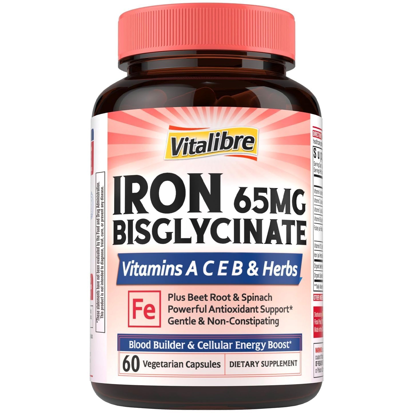 Vitalibre Iron Bisglycinate Tablet, 65mg Elemental Iron, 60 Tablets