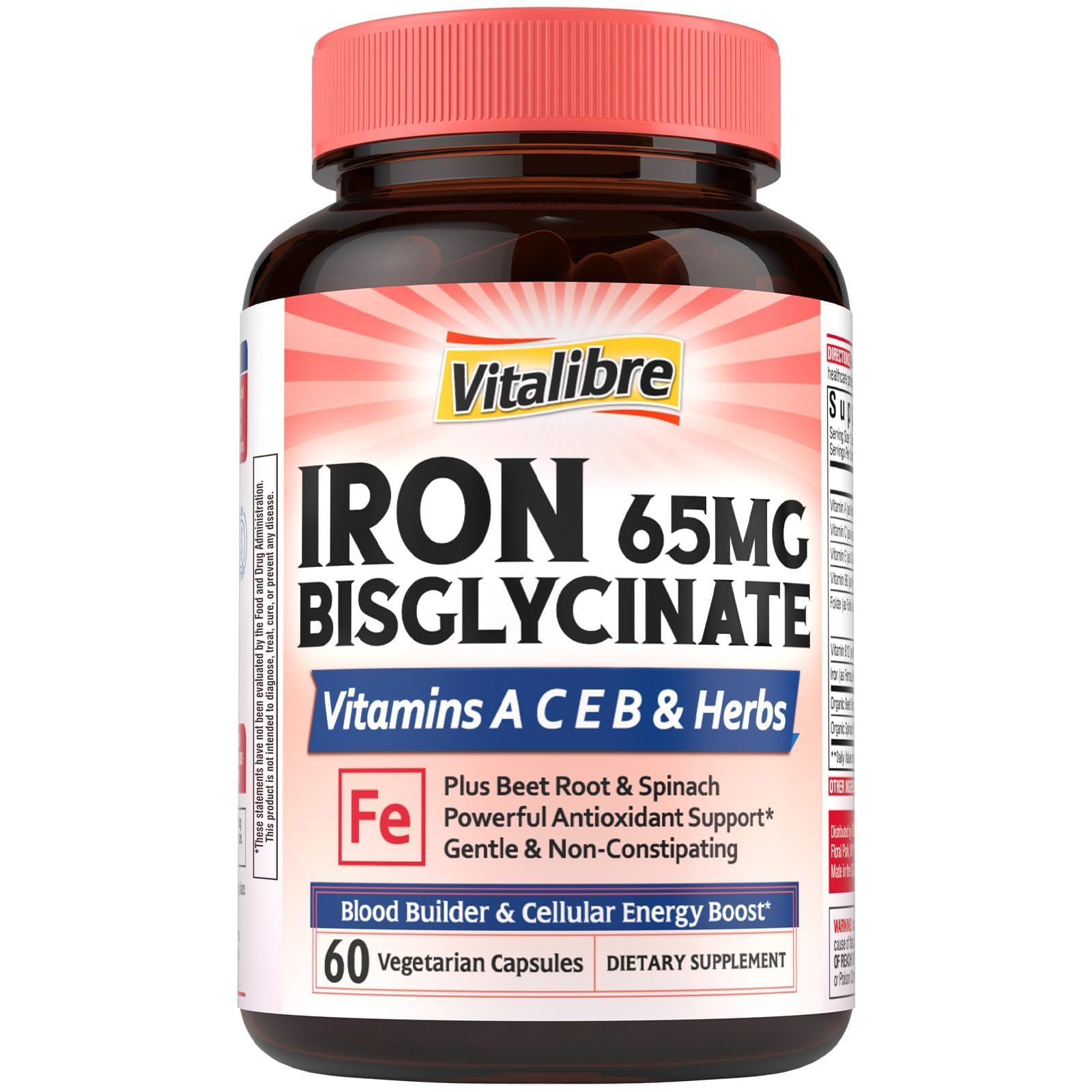 Vitalibre Iron Bisglycinate Tablet, 65mg Elemental Iron, 60 Tablets