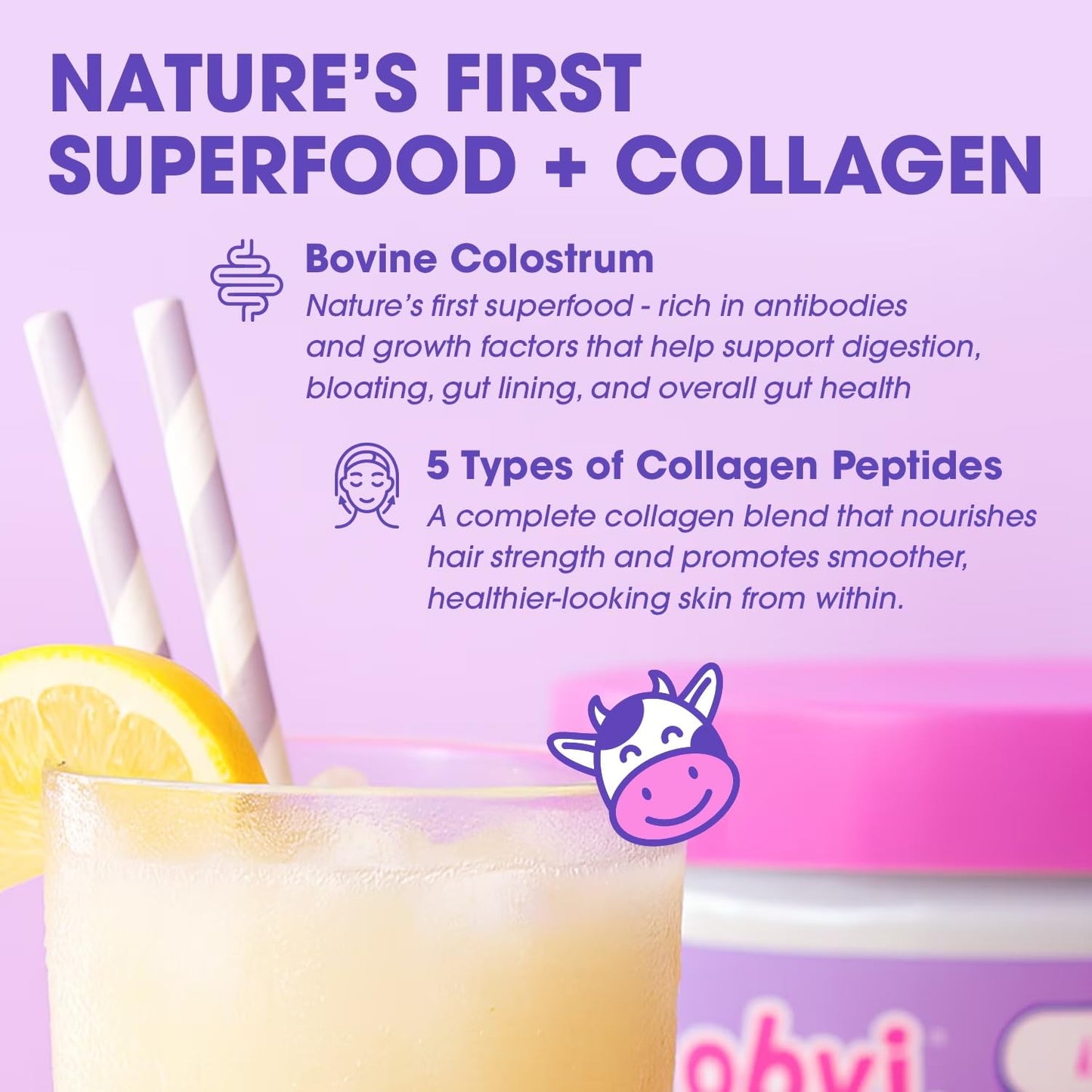 Obvi Hydrolyzed Bovine Collagen Peptide Lemon Sorbet Colostrum Superfood Protein Powder 30 Servings