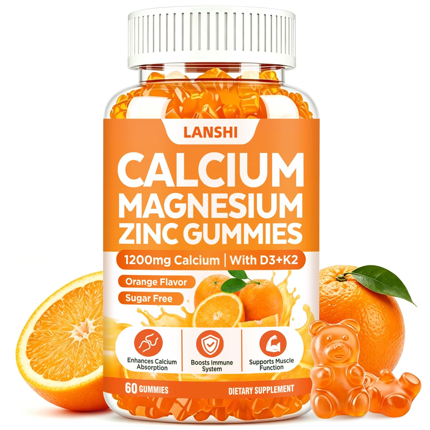 LANSHI Calcium Gummies 1200 mg with Vitamin D3, K2, B12, Magnesium & Zinc 60 Count