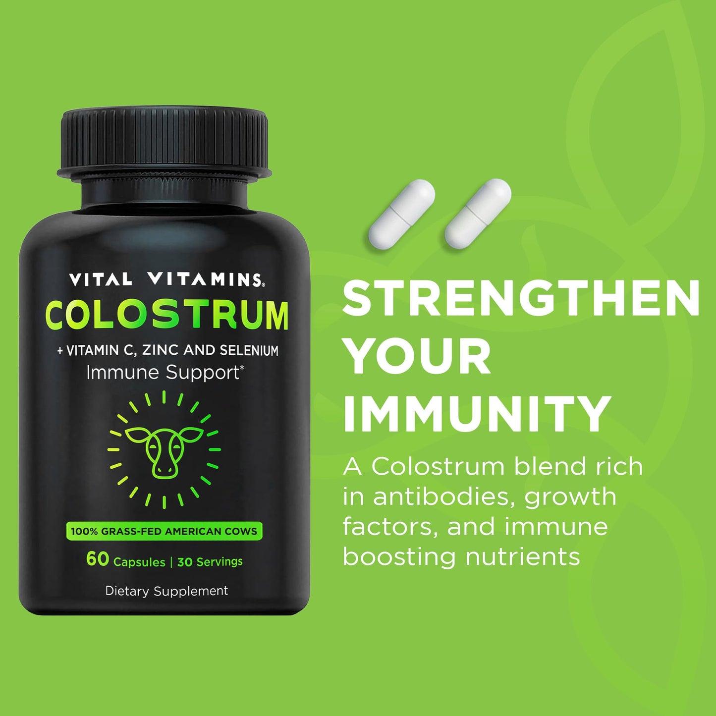 Vital Vitamins Colostrum Supplement from First Milking with Vitamin C, Zinc & Selenium - 10% IgG Immunoglobulins - Grass-Fed American Cows - 60 Capsules