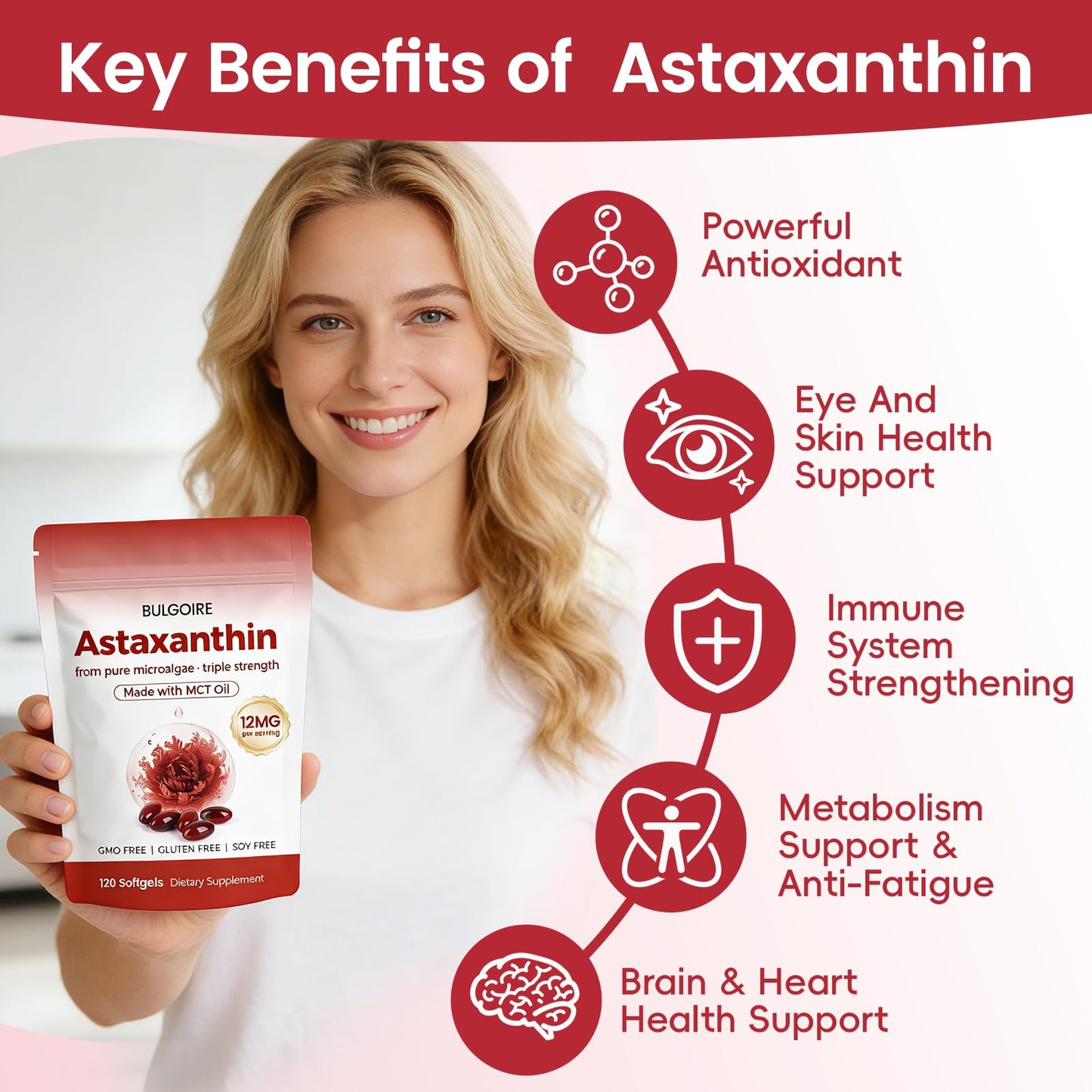 BULGOIRE Astaxanthin 12mg with MCT Oil Softgel, 120 Softgels
