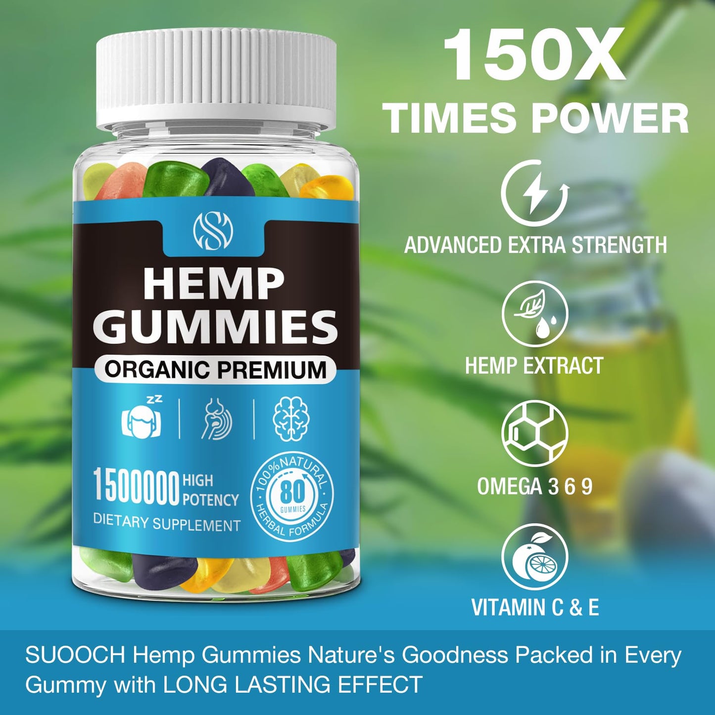 SUOOCH Hemp Gummies - Pure Extra Strength Organic Hemp Oil Extract, Gummy, 80 Count