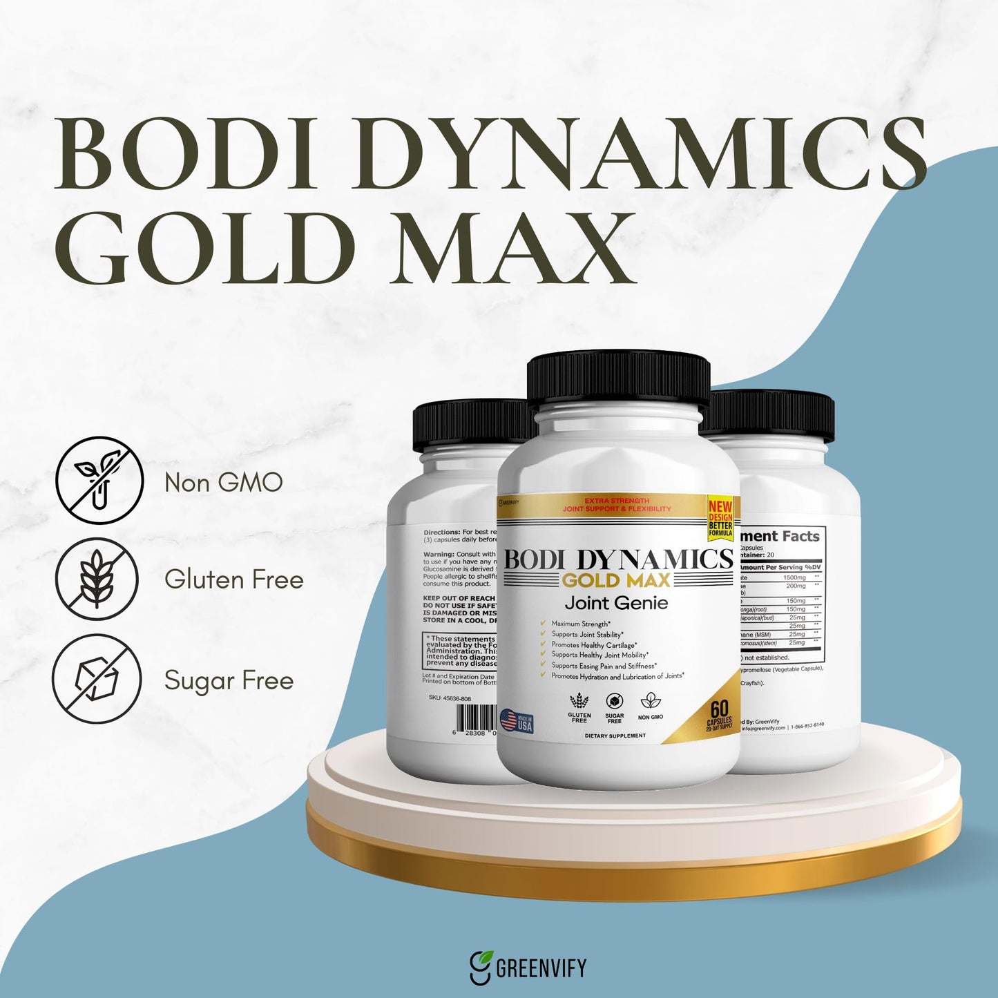 GREENVIFY Bodi Dynamics Gold Max Joint Genie Extra Strength Joint Support Supplement 1500mg Glucosamine Capsules 180