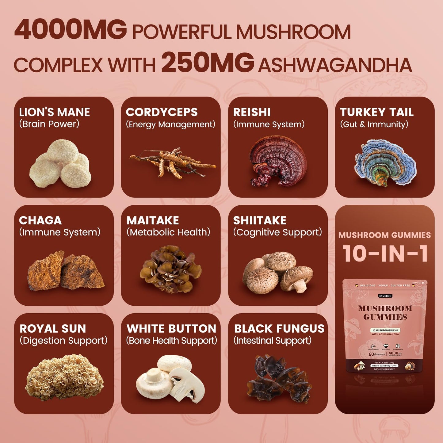Esverco Mushroom Gummies 4000mg Mushroom Extract Cognitive Support, 60 Count