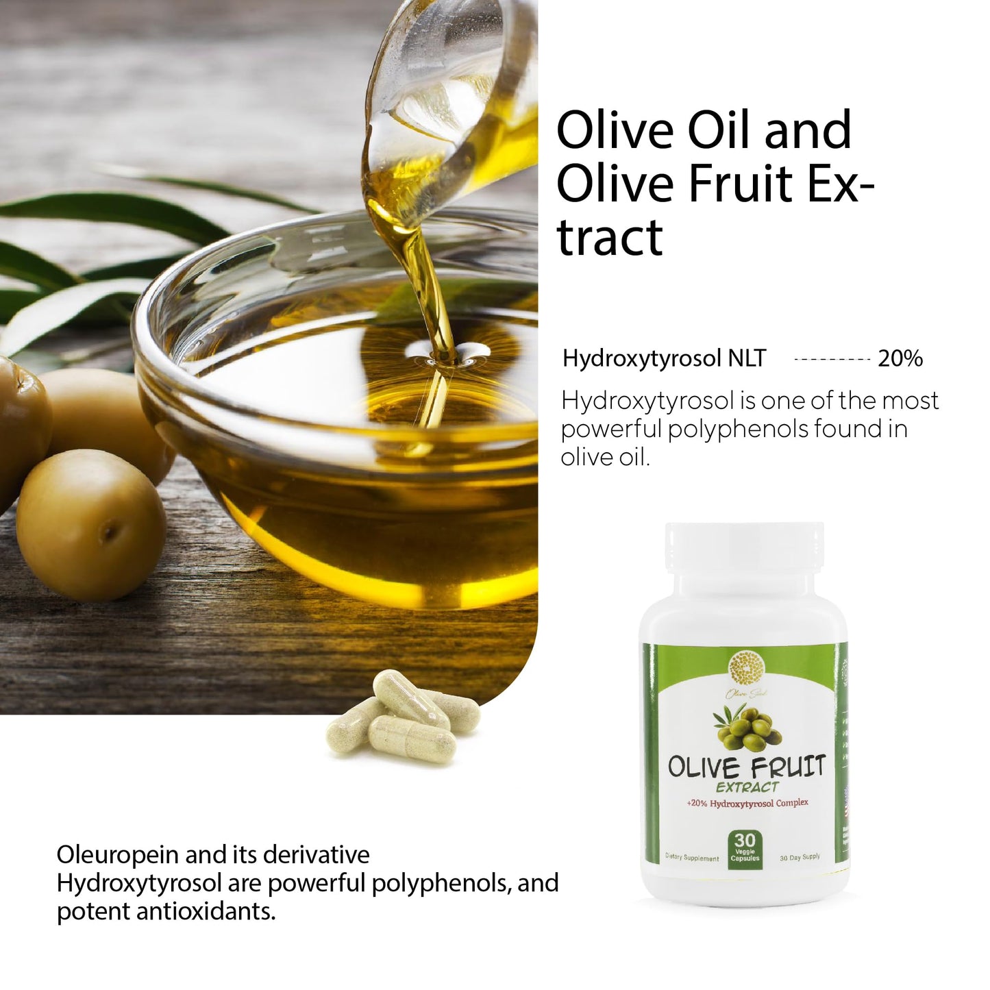 Olive Seed Olive Fruit Extract Supplement 50 mg - Standardized to 20% Hydroxytyrosol Capsule, 30 Count