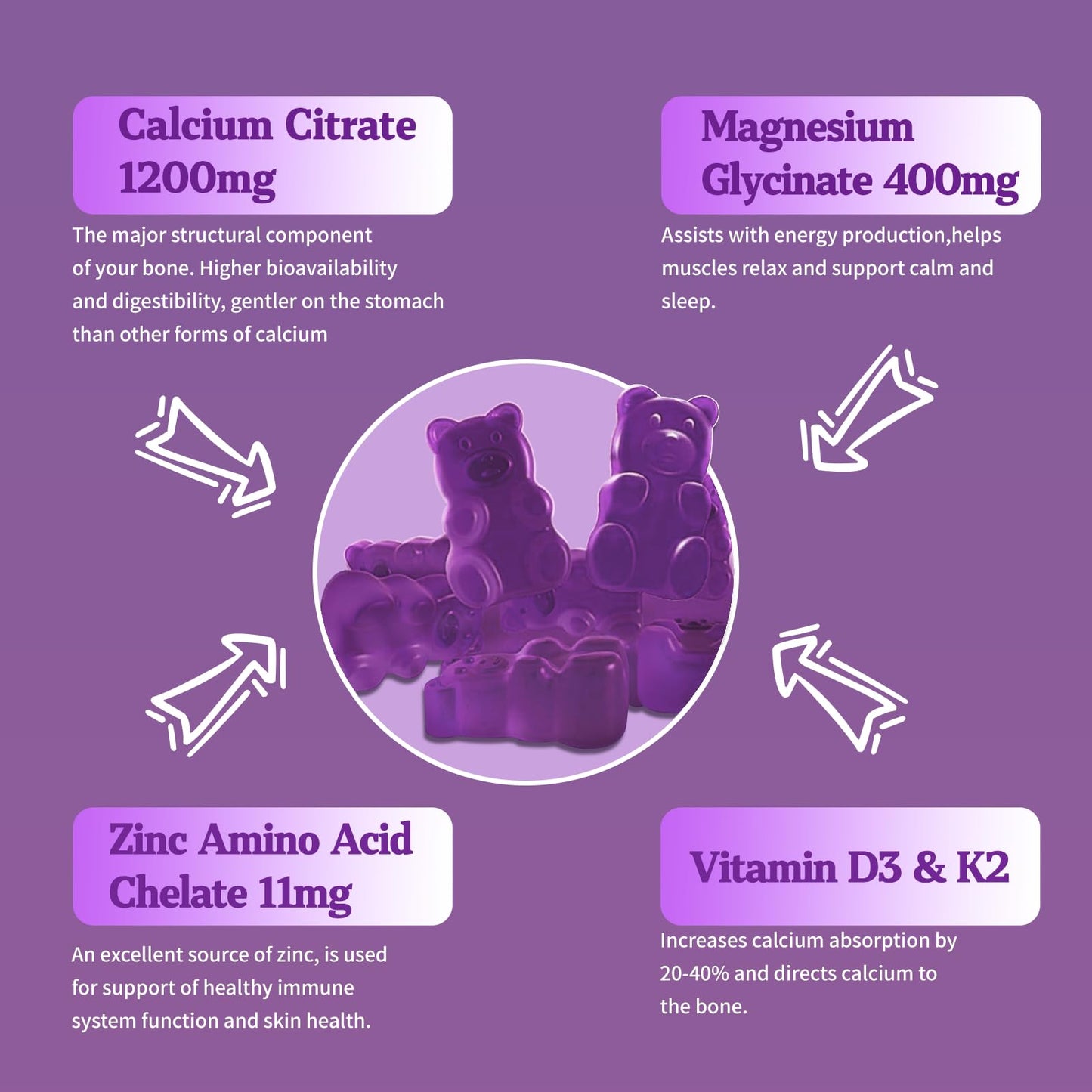 OALSE Calcium Magnesium Zinc Gummies with Vitamin D3 & K2-High Absorption Magnesium Glycinate-Muscles, Immune & Sleep Support-Sugar Free- Blueberry Flavored, 60 Gummies
