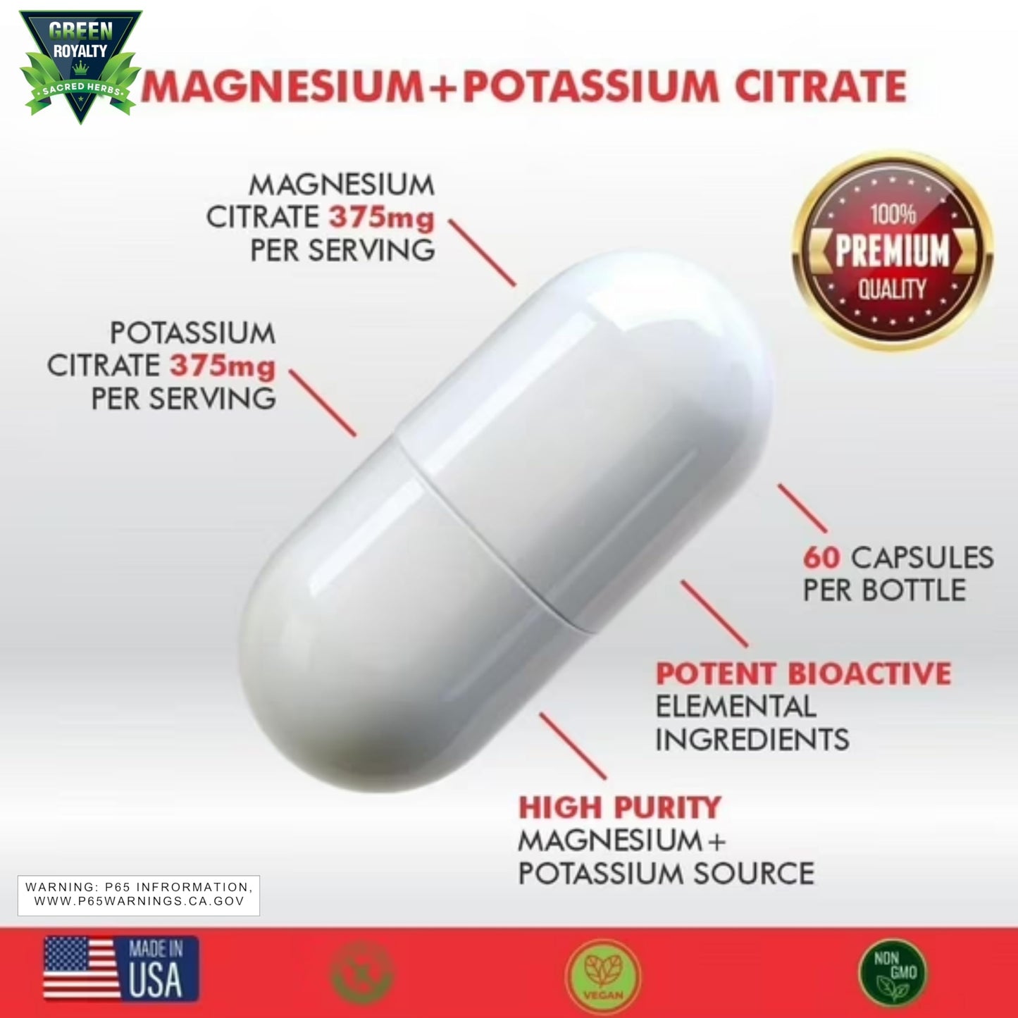 GREEN ROYALTY Magnesium Citrate + Potassium Premium Vegan Capsules, 60 Capsules