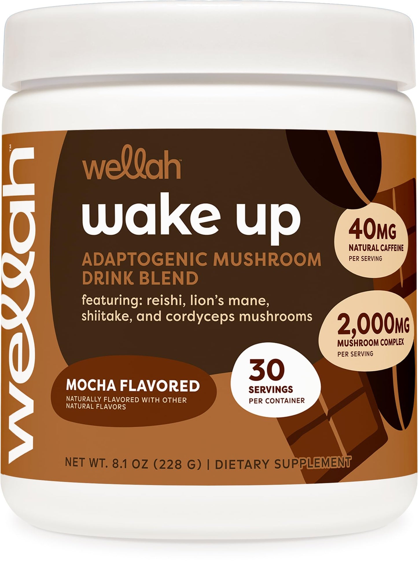 Wellah Wake Up Adaptogenic Mushroom Drink Blend Mocha Flavored Powder 8.1