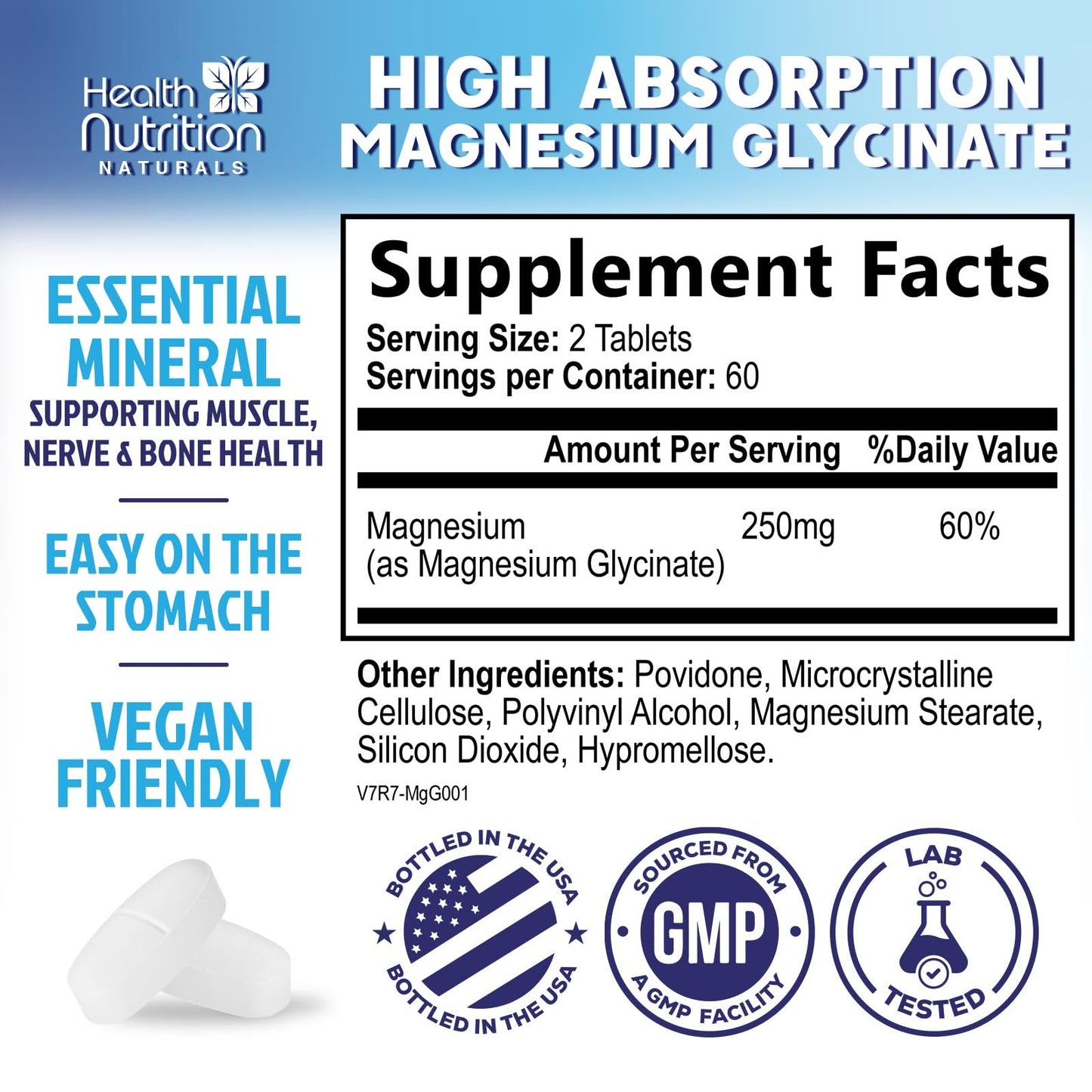 Health Nutrition Naturals Magnesium Glycinate 250mg Tablet, 120 Count