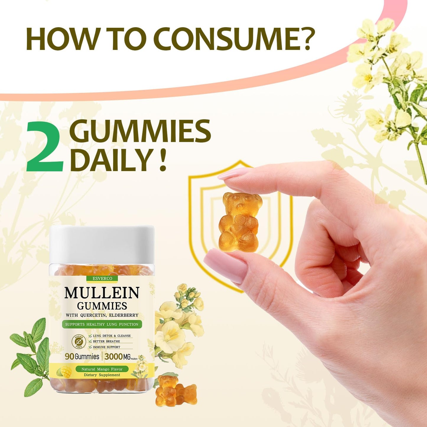 Esverco Mullein Gummies 3000mg Mullein Leaf Extract Lung Cleanse, 90 Count