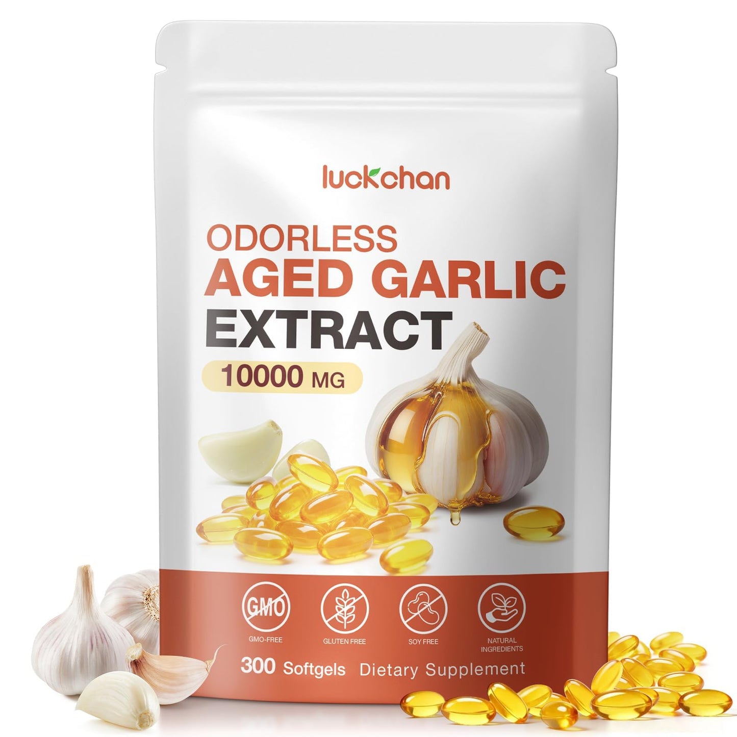 LUCKCHAN Aged Garlic Extract 10000mg High Potency Odorless Garlic Softgels, 300 Count