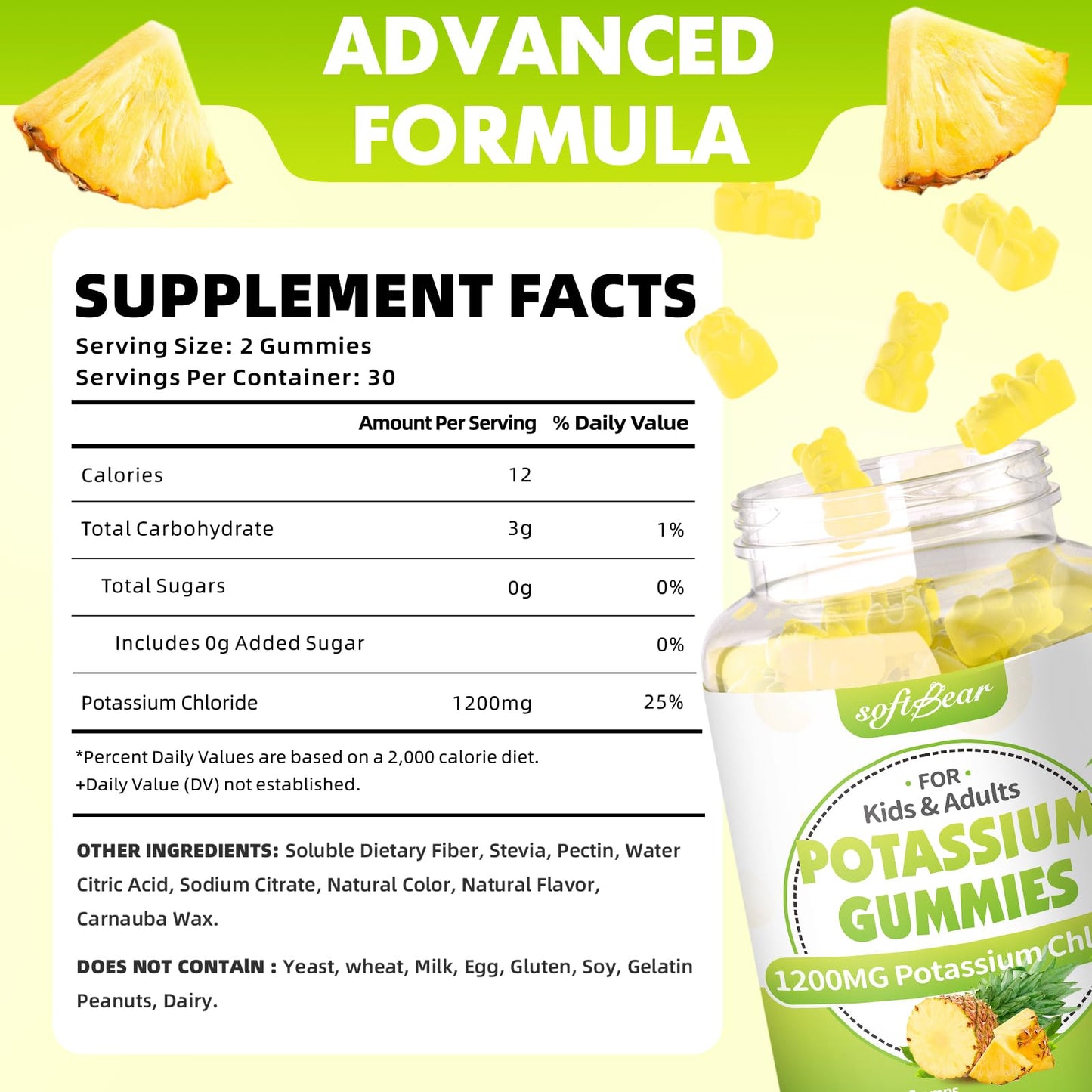 Softbear Potassium Chloride Gummies 1200mg, Sugar-Free Pineapple Flavor, 120 Gummies