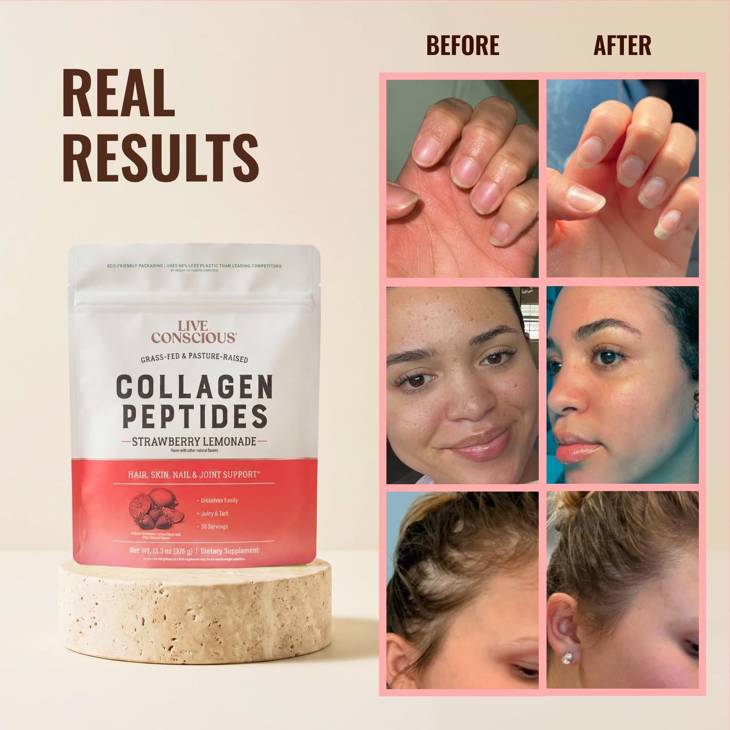 Live Conscious Collagen Peptides Powder Strawberry Lemonade 12.8 oz