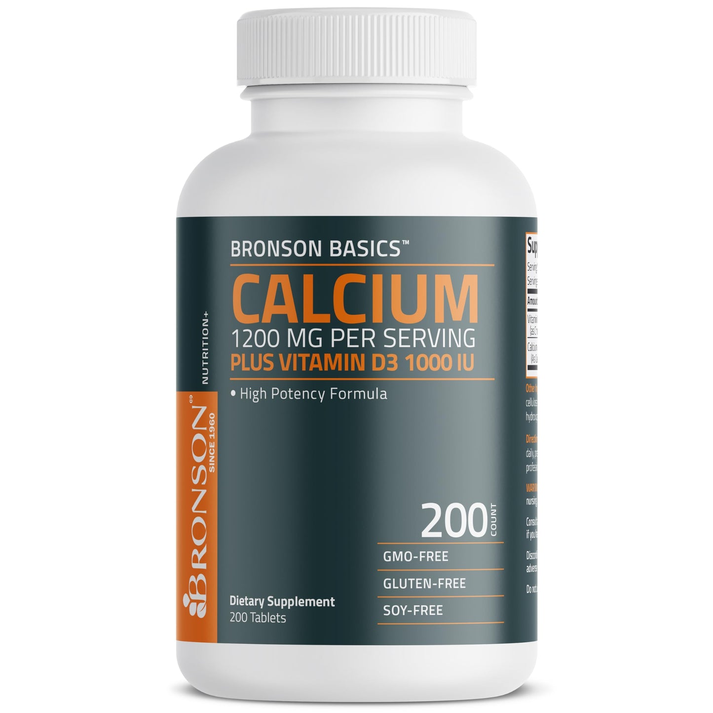 Bronson Calcium 1200mg Per Serving Plus Vitamin D3 1000 IU High Potency Formula Tablet, 200 Tablets
