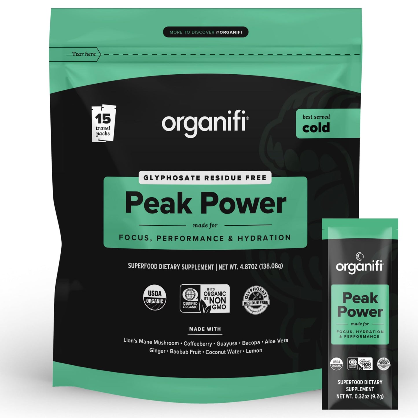 Organifi Peak Power Pre Workout Powder to Support Hydration with Lion's Mane and Guayusa, 6.49 Ounce