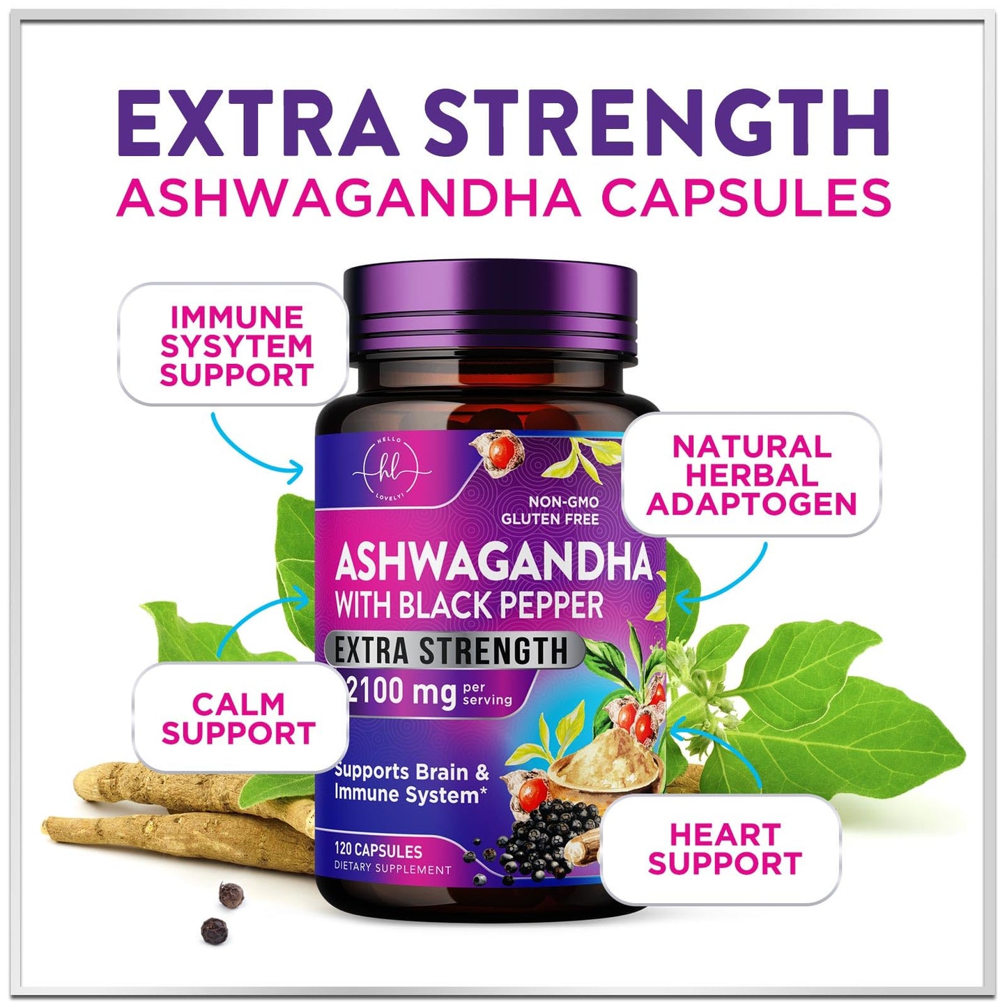 Hello Lovely! Ashwagandha Supplements for Women - Extra Strength Capsules with Black Pepper Extract - Plant Powder & Root Extract, Non-GMO, 120 Capsules