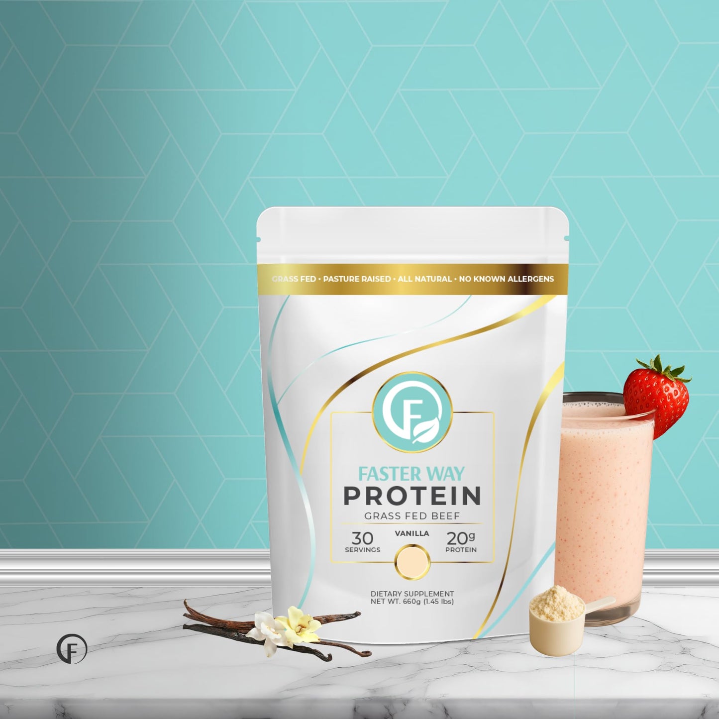 FASTer Way to Fat Loss Hydrolyzed Grass-Fed Beef Protein Powder - Vanilla - 20g Protein per Serving, 9 Essential Amino Acids, Sugar, Gluten & Dairy Free, Non-GMO, 1.46 lb