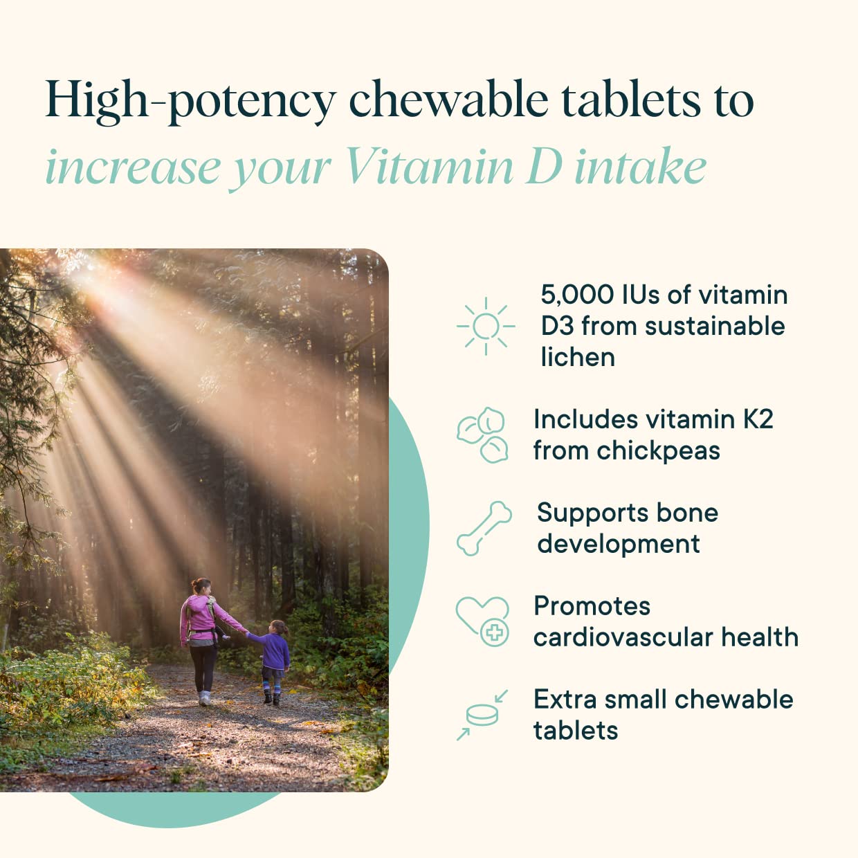 Ora Organic Vitamin D3 5000IU + K2, Vegan D3 from Lichen & K2 from Chickpeas, Chewable Tablets, 60 Count