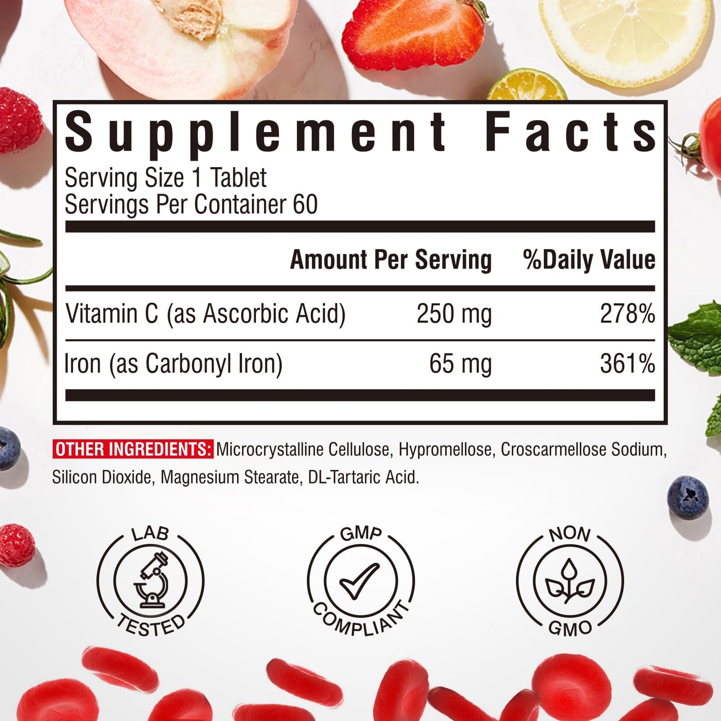 Vitalibre Iron Supplement Tablets, 65mg Carbonyl Iron with 250mg Vitamin C, Stomach Friendly, Non-GMO, 60 Count