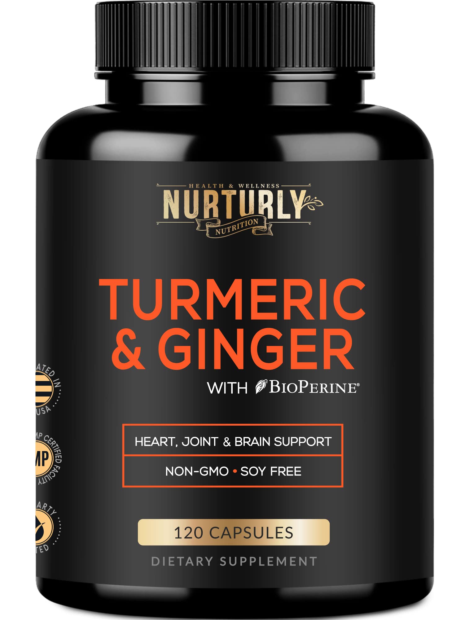 NURTURLY Turmeric Curcumin with BioPerine & Ginger - High Absorption Turmeric Supplement, 120 Capsules