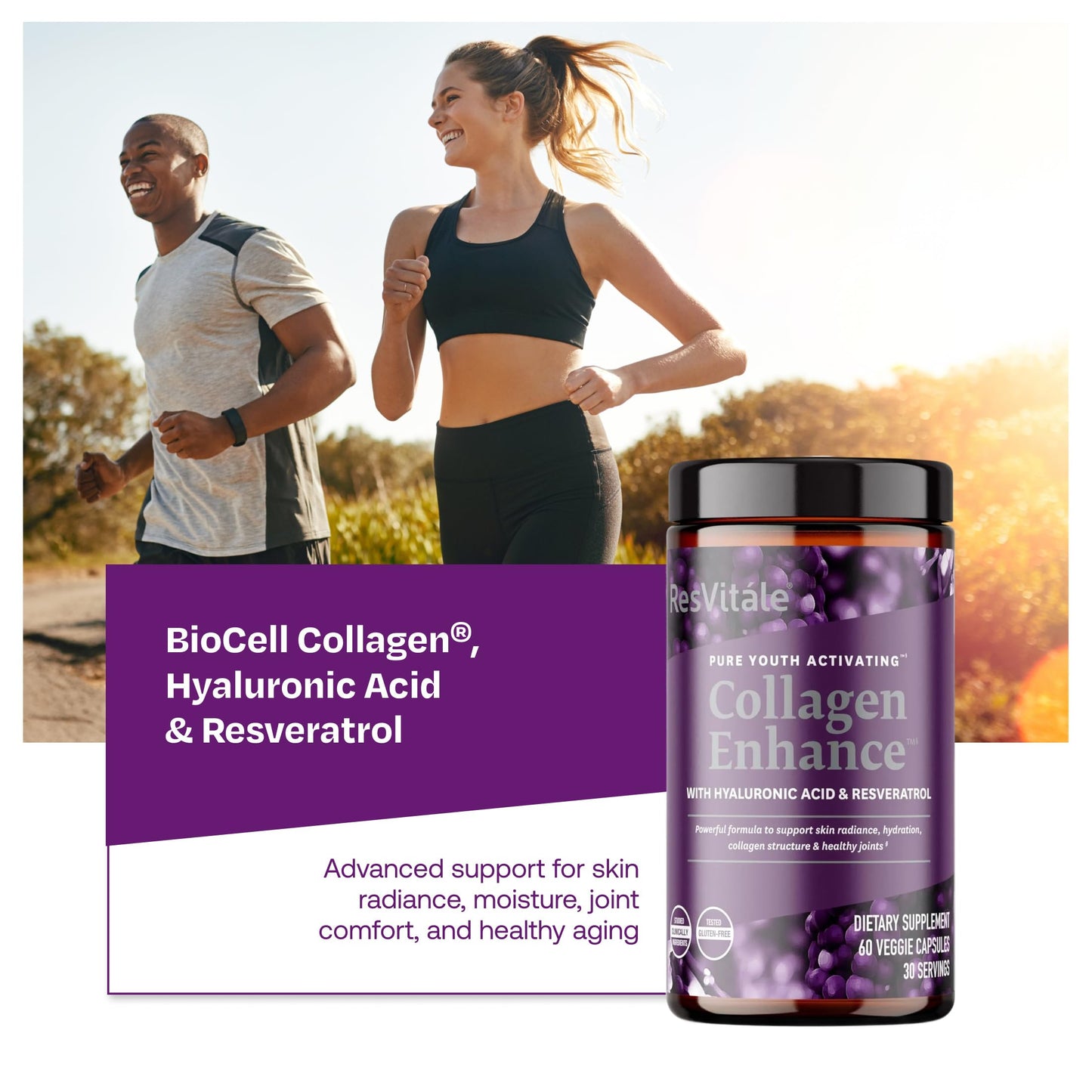 ResVitale Collagen Enhance Beauty Supplement with Hyaluronic Acid & Resveratrol, 60 Capsules