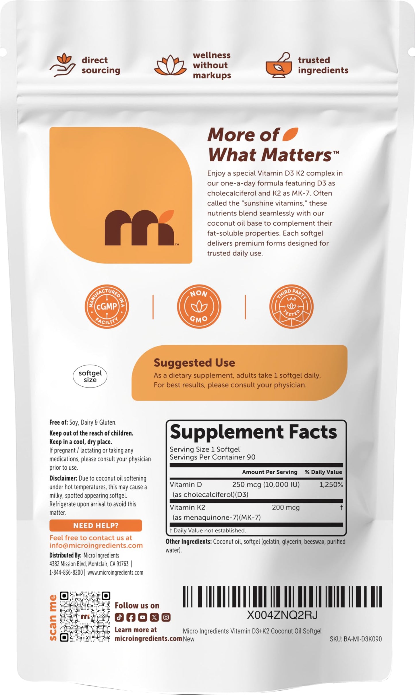 Micro Ingredients Vitamin D3 10,000 IU + K2 MK-7 200 mcg Per Serving Softgels, 90 Count