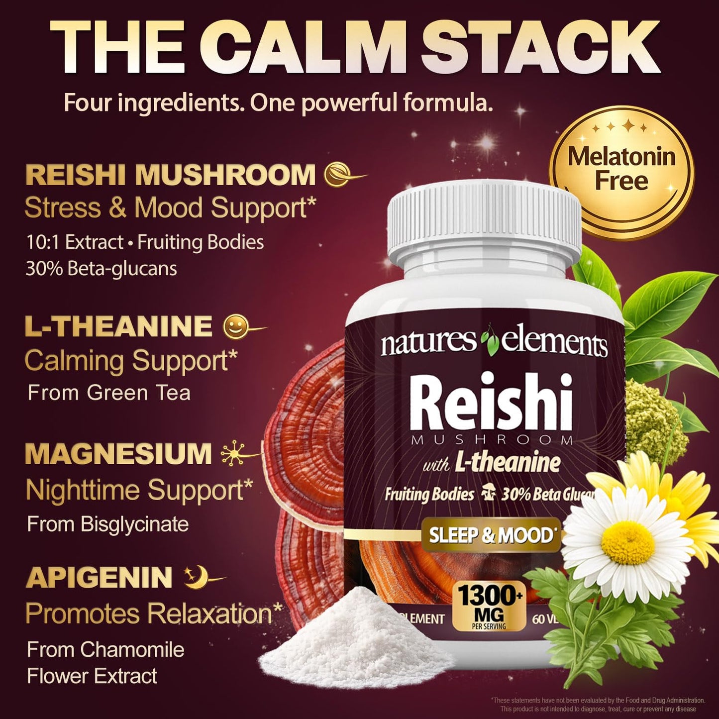 Natures Elements Reishi Mushroom Supplement for Sleep & Mood Support 1000mg 10:1 Extract (30% Beta Glucans) Advanced Complex with L-Theanine, Magnesium & Apigenin 180 Tablets