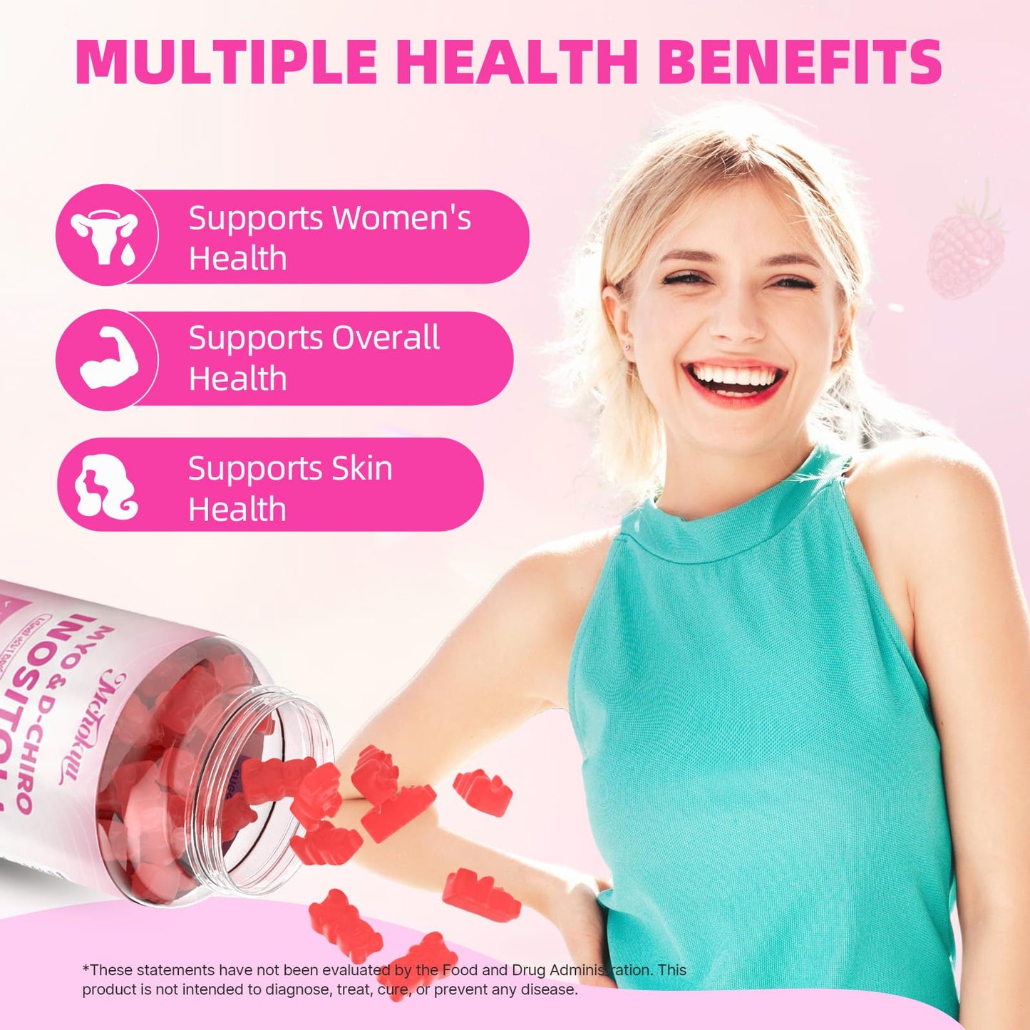 Mchokuu Myo-Inositol & D-Chiro Inositol Gummies, Ideal 40:1 Ratio Supplement for Women with Vitamin D3 & B12 for Support Hormonal Balance & Wellness, Sugar Free, Raspberry, 60 Count