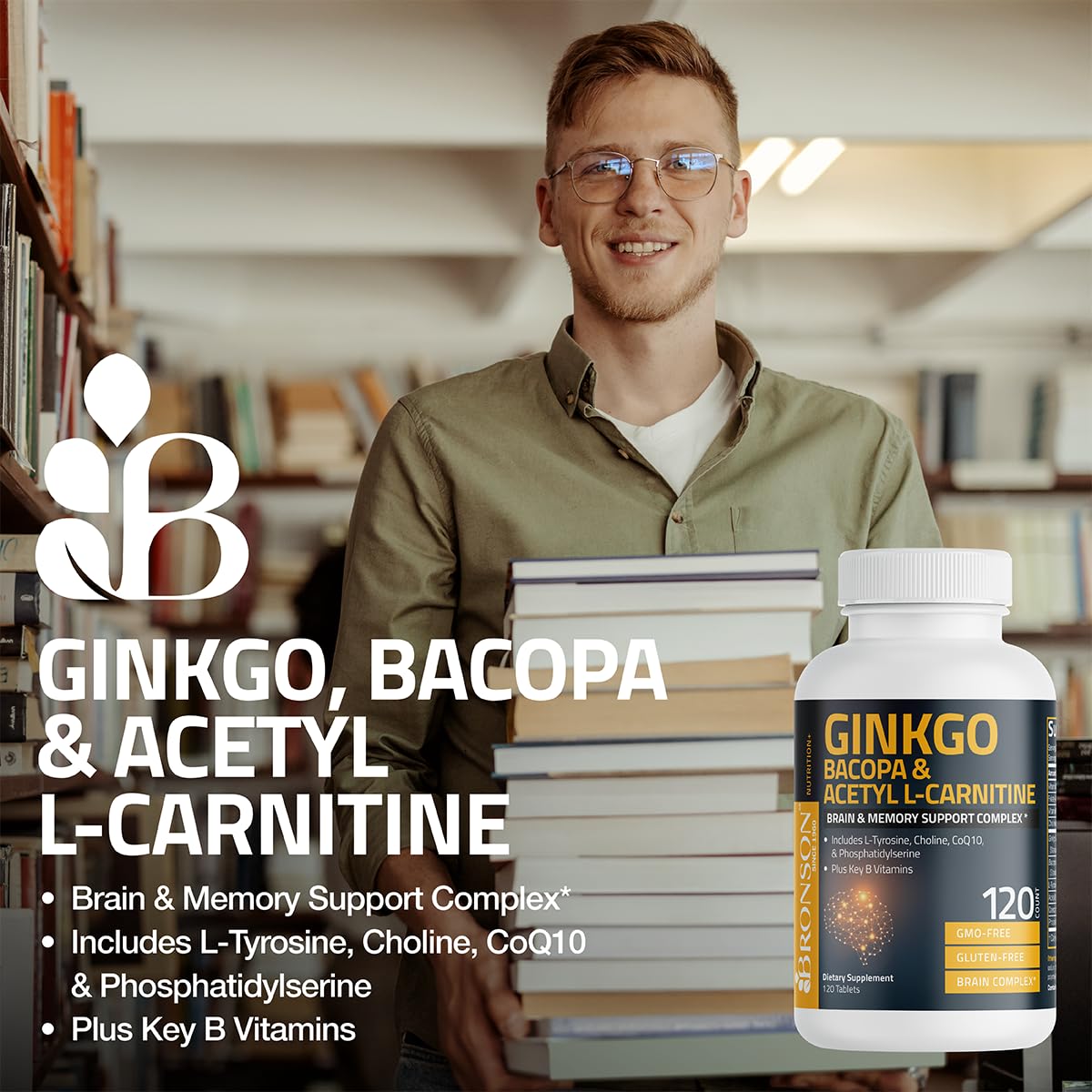 Bronson Ginkgo, Bacopa & Acetyl L-Carnitine Brain & Memory Support Complex with L-Tyrosine, Choline, CoQ10 & Phosphatidylserine Plus Key B Vitamins Non-GMO, 60 Tablets