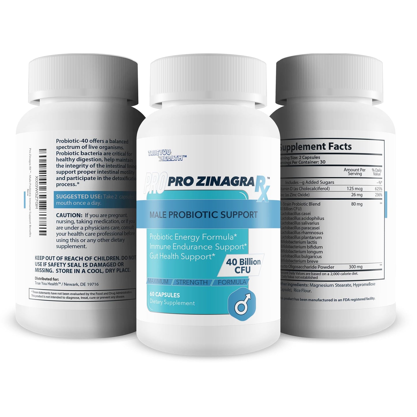 True You Health Pro Zinagra RX Male Probiotic Support Capsule, 60 Count