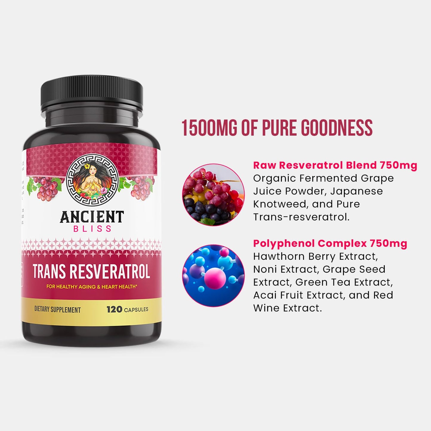 Ancient Bliss Resveratrol Powerful Antioxidant Supplement with Green Tea, Grape Seed Extract Capsules, 120 Capsules