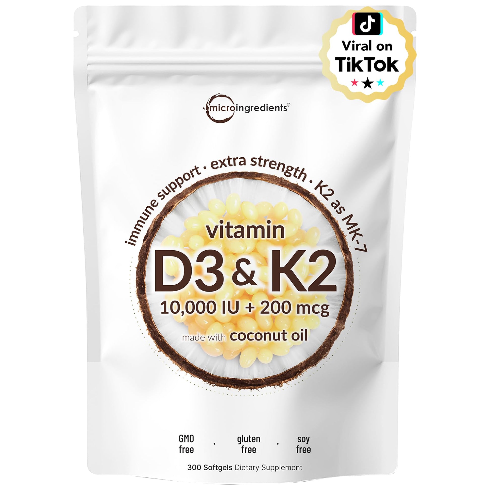 Micro Ingredients Vitamin D3 10,000 IU + K2 MK-7 200 mcg Softgels, 300 Count