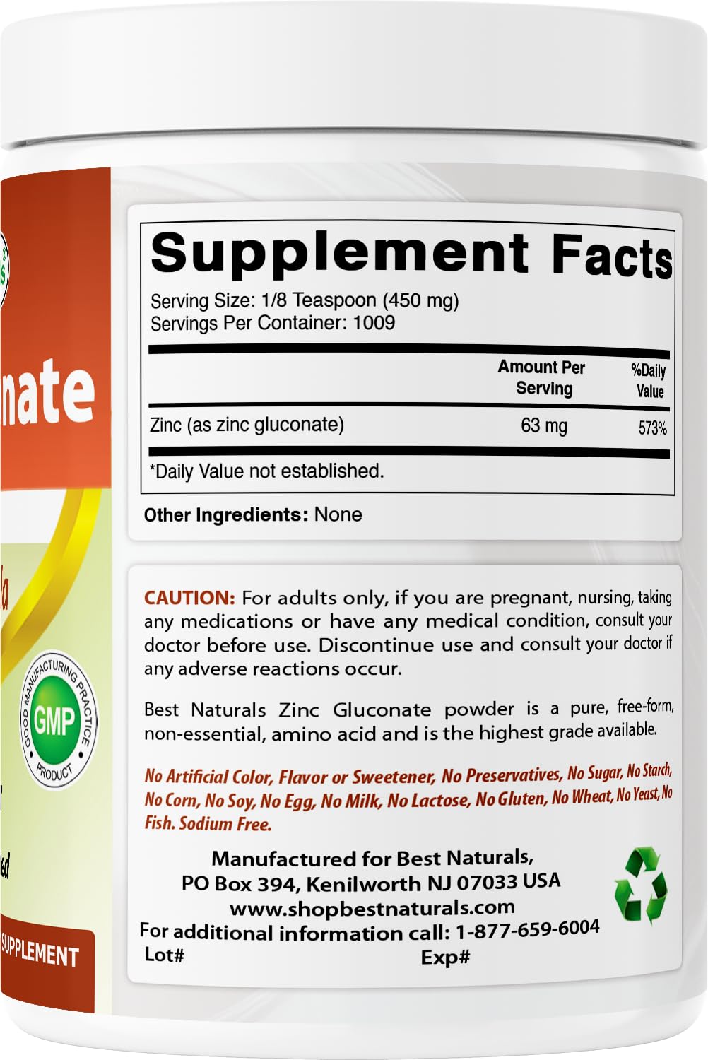 Best Naturals Zinc Gluconate Pure Powder 16 Ounce